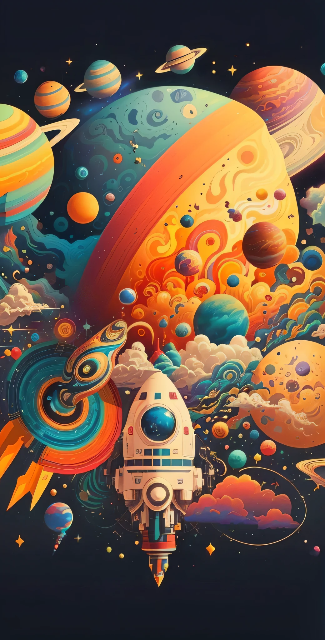 Space-themed poster with rockets and planets, cosmic and colorful, space colors, Space travelling, space graphics art in background, plethora of colors,detail-rich, Psychedelic art style, Space art, Space travelling, psychedelic surreal art, psychedelic illustrations, 4k highly detailed digital art, amazing wallpapers, trippy art, Surreal space, hyperdetailed colourful