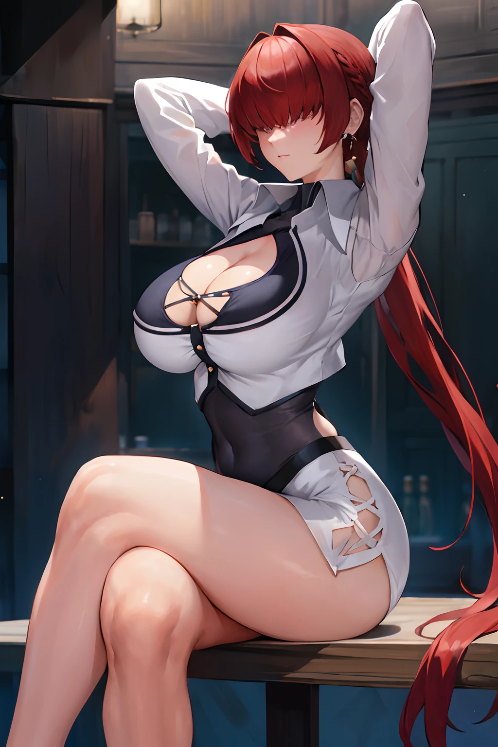 masterpiece, best quality, highres, she1, (hair over eyes:1.1), split ponytail, clothing cutout, earrings, jewelry, miniskirt, white skirt, leotard, white jacket, long sleeves, Big boobs, arms behind head, crossed legs,