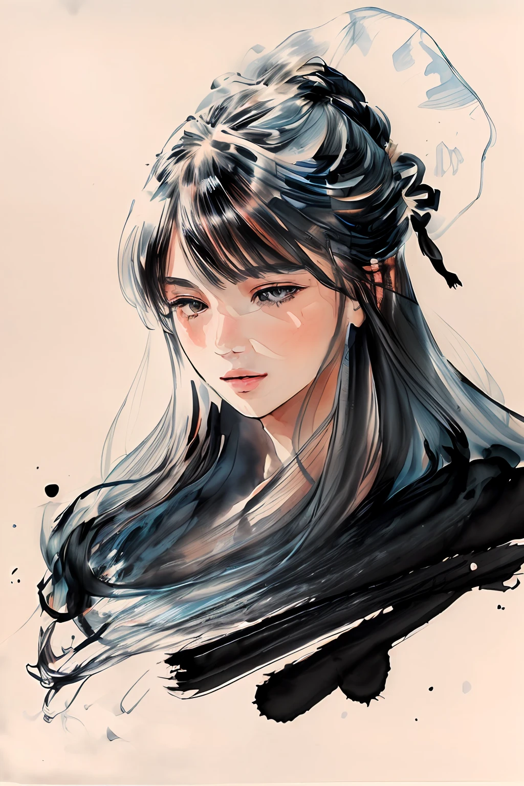 white background, scenery, ink, ink painting, (1girl:1.5), (girl portrait:1.5), sunset in the background, orchid, jellyfish, bioluminescent, symmetrical artwork