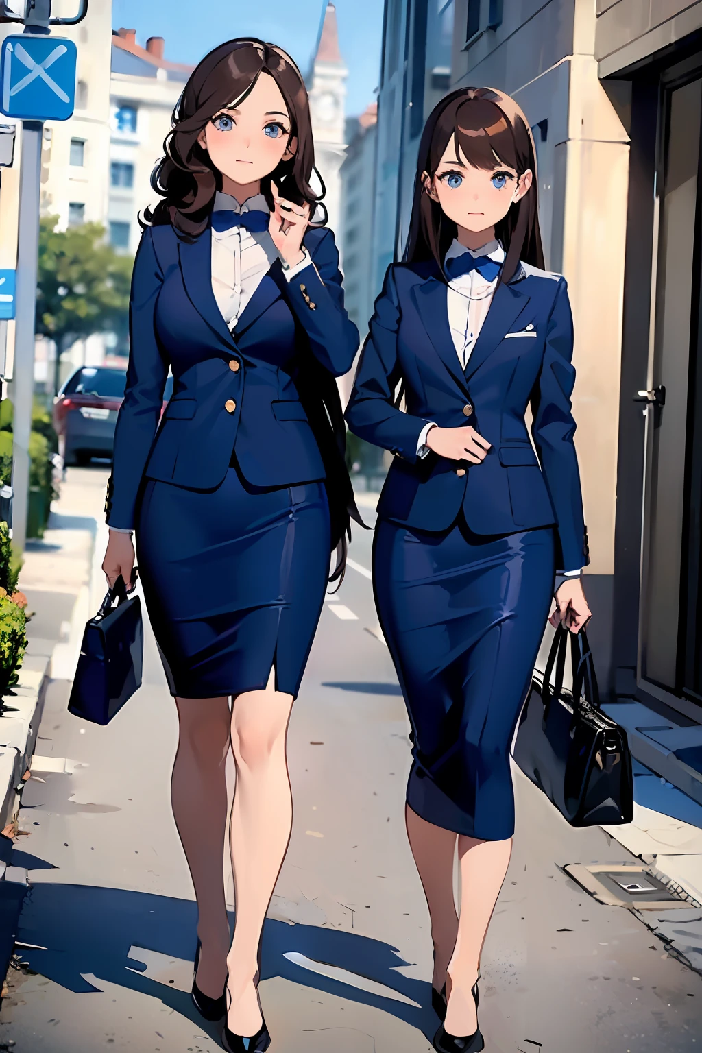 (masterpiece, best quality, 8k, highres:1.2), blue skirt suit, highleg, hazel eyes, blue blazer, blue pencil skirt, brown hair, curly hair, long hair, (2girls, duo, twins, clones), (matching hairstyles, matching faces, matching outfits)