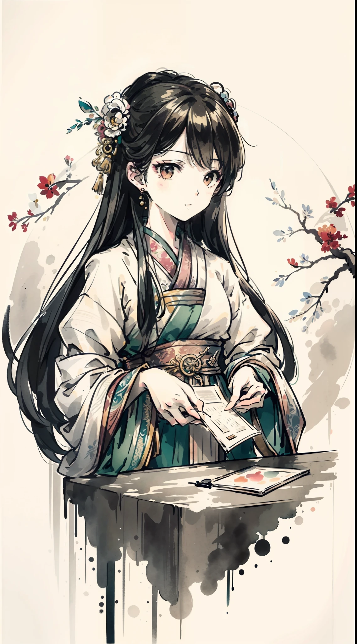 (Master masterpieces,high qulity,Very detailed,Perfect artwork,CG),(ink wash style:1.5),Defocused,kinds of colors,The art of paper,illustration,white background, scenery,one-girl,Oriental elements,vanity table,mirror surface