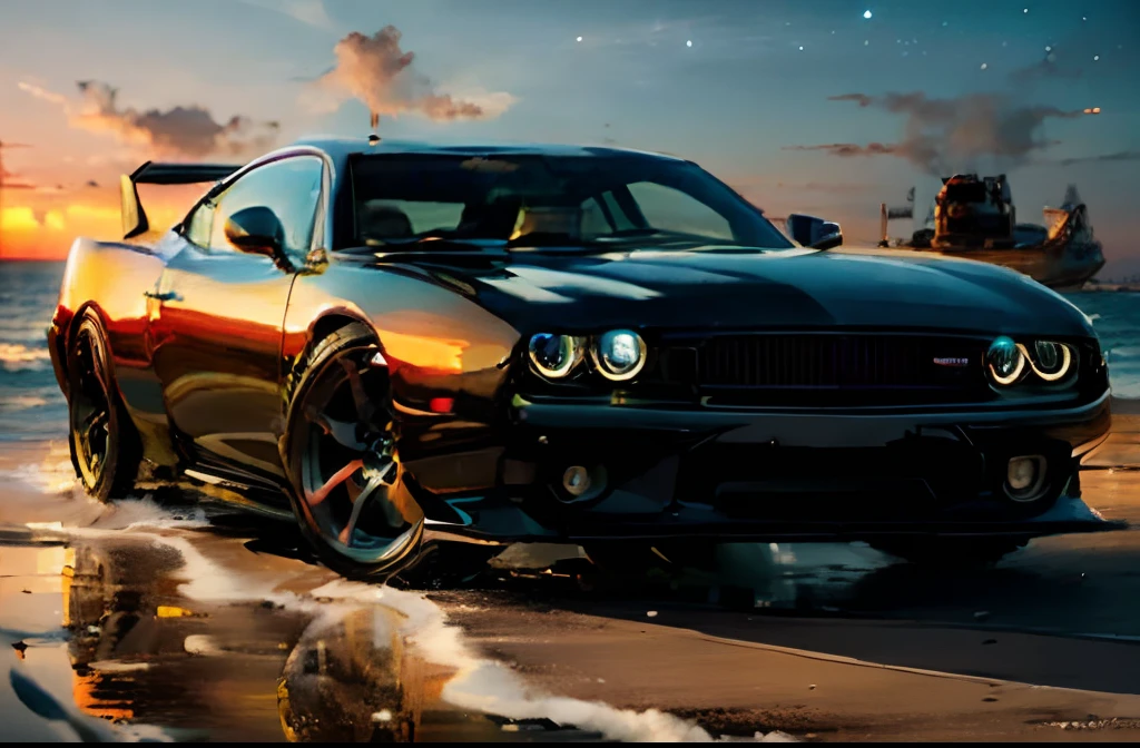 "Generate a mesmerizing image of sleek, futuristic cars gracefully navigating through shimmering waves beneath a vibrant technicolor sunset sky."