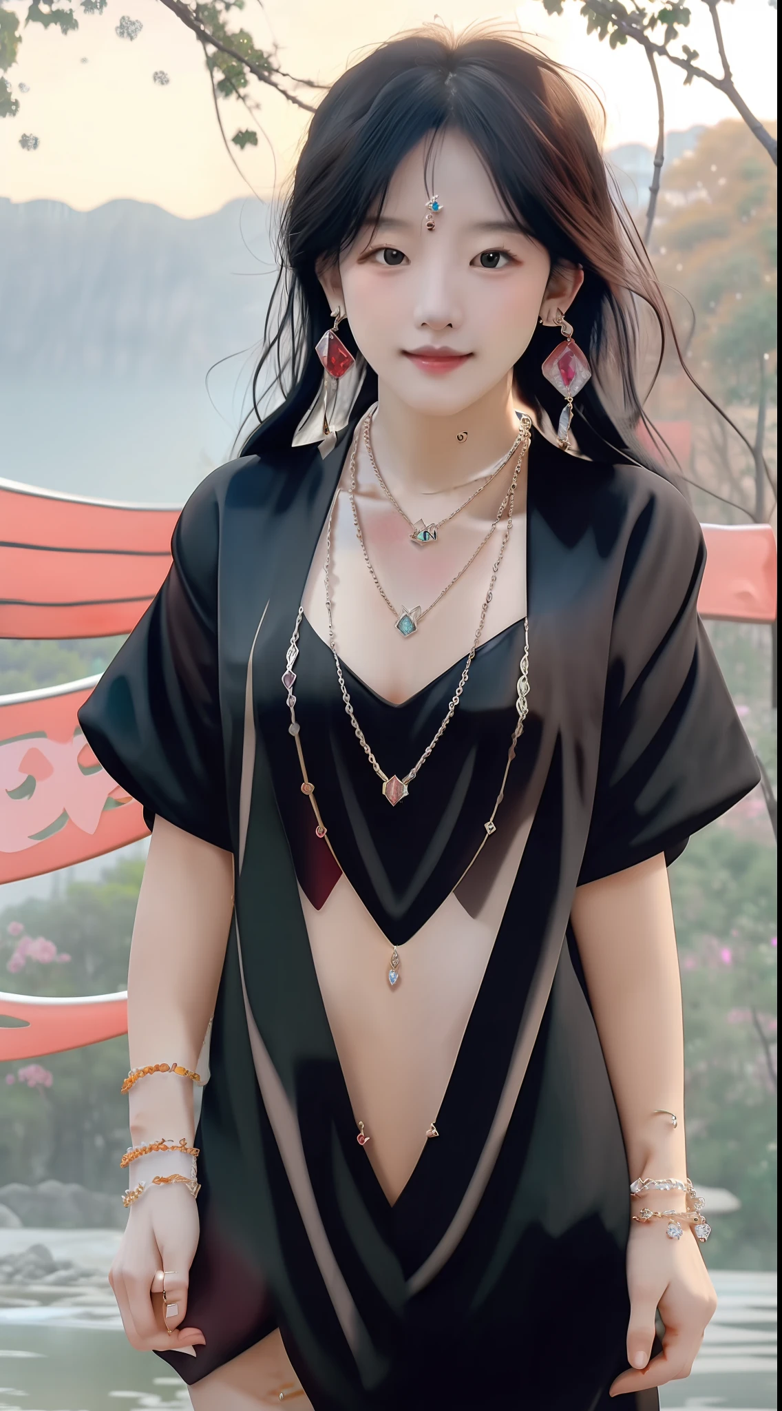 morning,(Early morning),(day:1.8),in summer,onsen,(nature:1.9),1girl,full body,black hair,very long hair,grin,sexy,unaligned breasts, dynamic angle,dynamic pose,outdoors,chinese style architecture,High color saturation,Color saturation,(jewelry:1.9),putting on jewelry, Warm light,Warm light,
ray tracing,cinematic lighting,(raw photo:1.2), (photorealistic:1.4), absurdres, incredibly absurdres, huge filesize , ultra-detailed, highres, extremely detailed,best quality ,masterpiece, illustration, an extremely delicate and beautiful, extremely detailed ,CG ,unity ,8k wallpaper, Amazing, finely detail, masterpiece,best quality, pureerosface_v1,ulzzang-6500-v1.1,