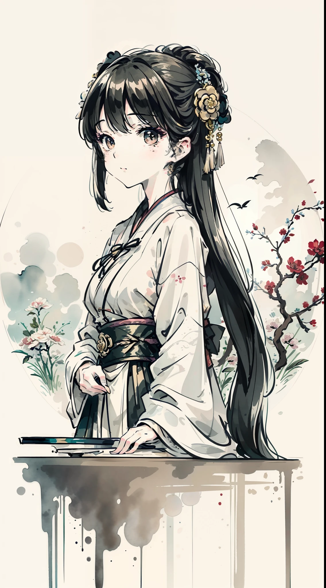 (Master masterpieces,high qulity,Very detailed,Perfect artwork,CG),(ink wash style:1.5),Defocused,kinds of colors,The art of paper,illustration,white background, scenery,one-girl,Oriental elements,vanity table,mirror surface