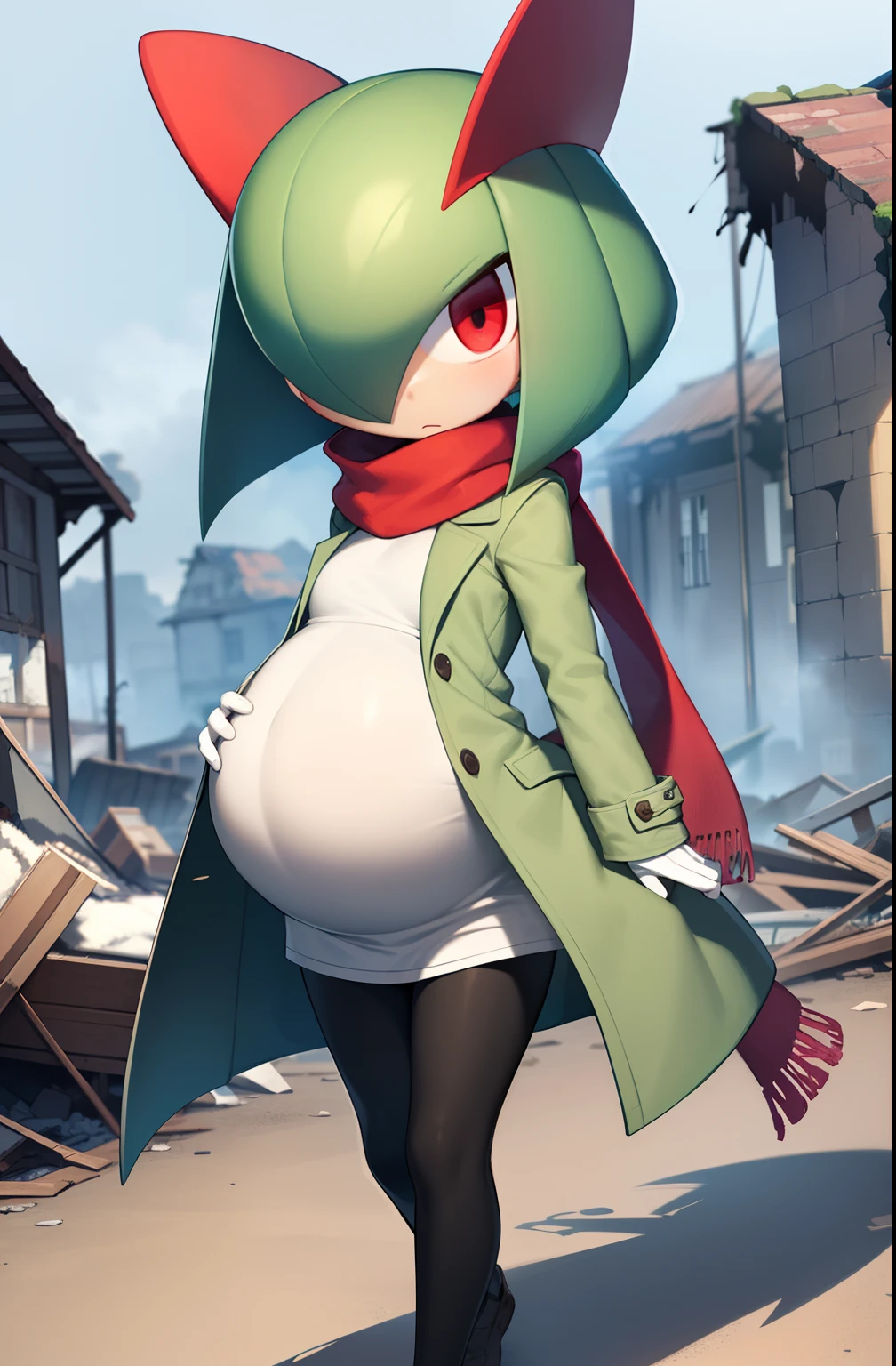 masterpiece, best quality, 1 girl, solo, kirlia, green hair, red eyes, green skin, short hair, white dress, walking through a destroyed village, wearing a long coat over her dress, brown coat, red scarf, torn scarf, black pants, serious expression, pregnant.