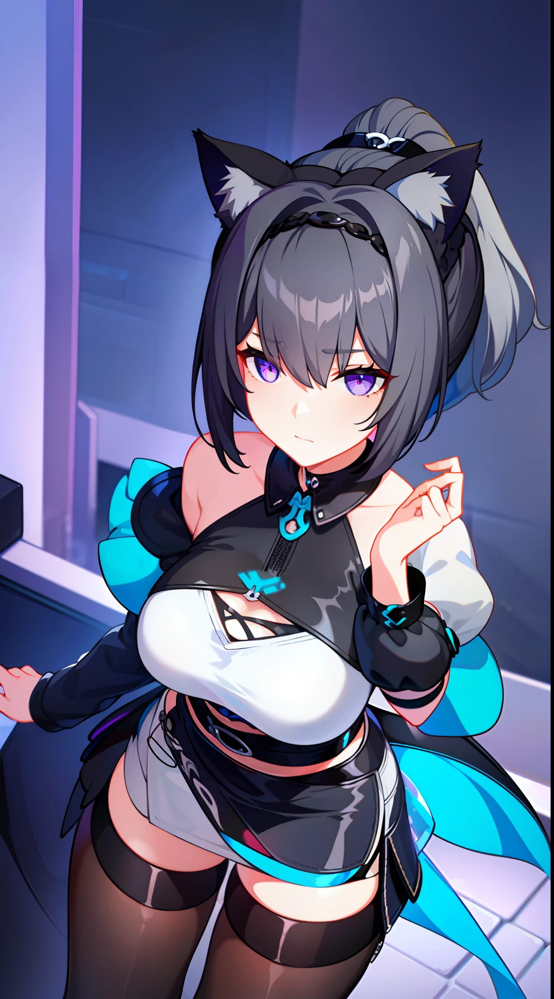 young girl, short gray hair, cat ears, high ponytail, violet eyes, Black leather tight top, white puffy sleeves, black skirt, pantyhouse, turquoise cloak, open breasts, Masterpiece, hiquality