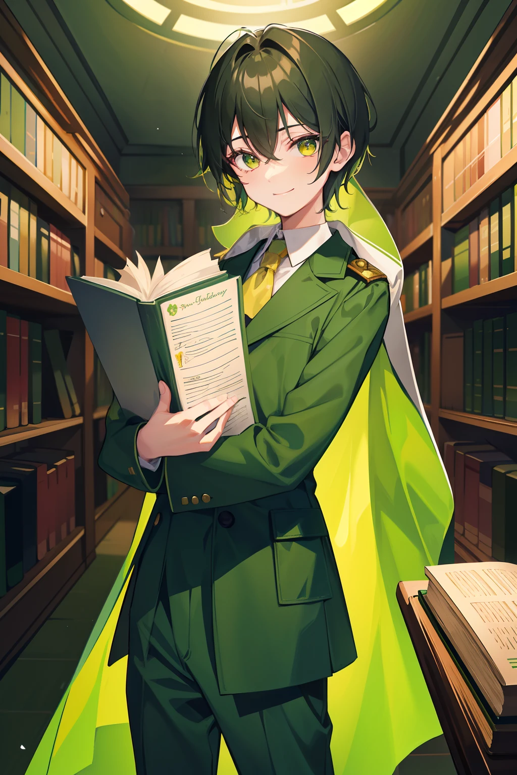 ember，13 year old，green pupills，Slightly longer black hair，From tall to thin，Green coat，Green trousers，The skin is yellow to white，adolable，Inside the library，Holding a book in his arms，Two-thirds of the picture，With a slightly shy smile，quadratic element，The face is rounded，