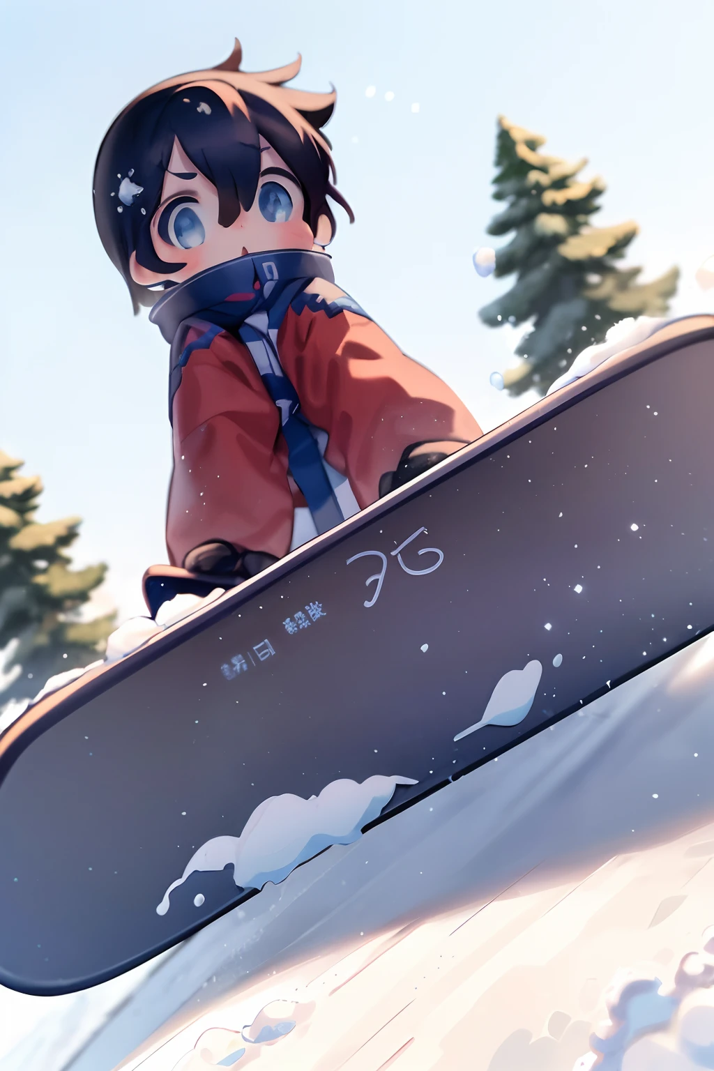 masterpiece, top-quality, Chibi,1boy(((Blue-eyed boy))), cheng,brown haired,shorth hair, Ski resort on a sunny day、snow board、(((Chasing the person in front of you on a snowboard)))(((Glide facing forward)))