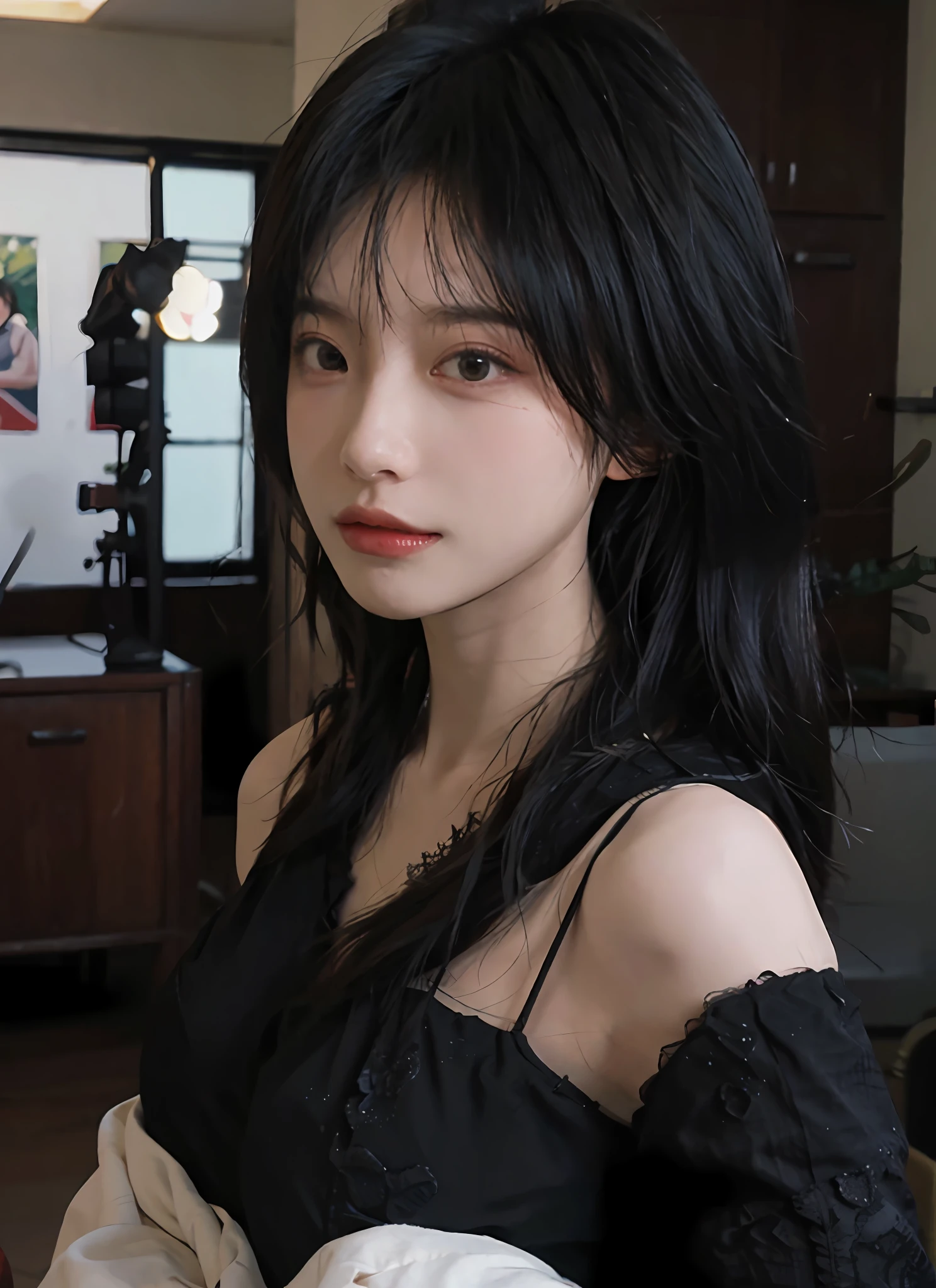 best qualtiy，tmasterpiece，超高分辨率，（realisticlying：1.4），1girll，Raised sexy，（The shirt：1.2），（brassier：1.2），（big cleavage breasts：1.3），（The upper part of the body：1.4），dressed in black lace，浴室