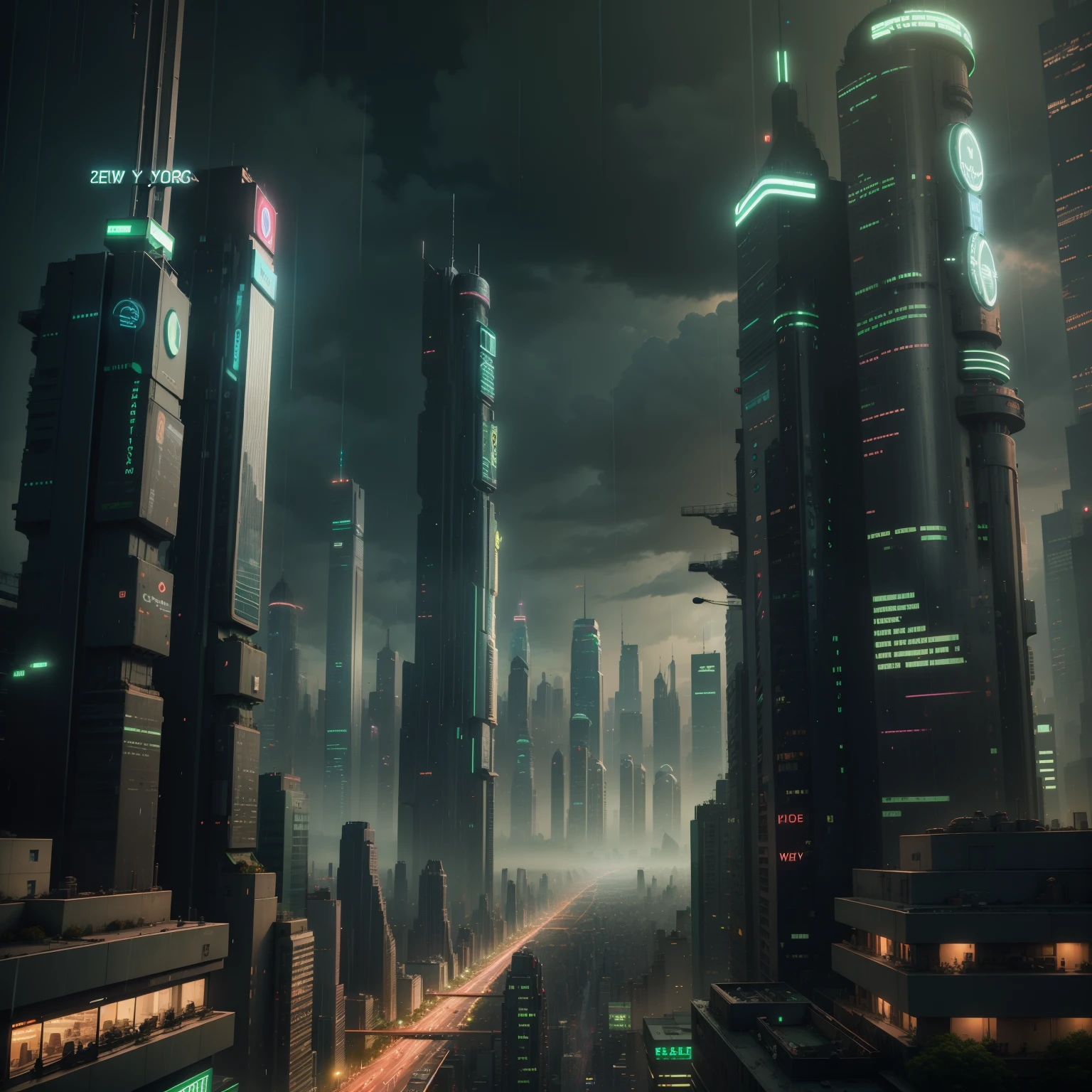 Green cyberpunk city, new York city, night, rain, animation style