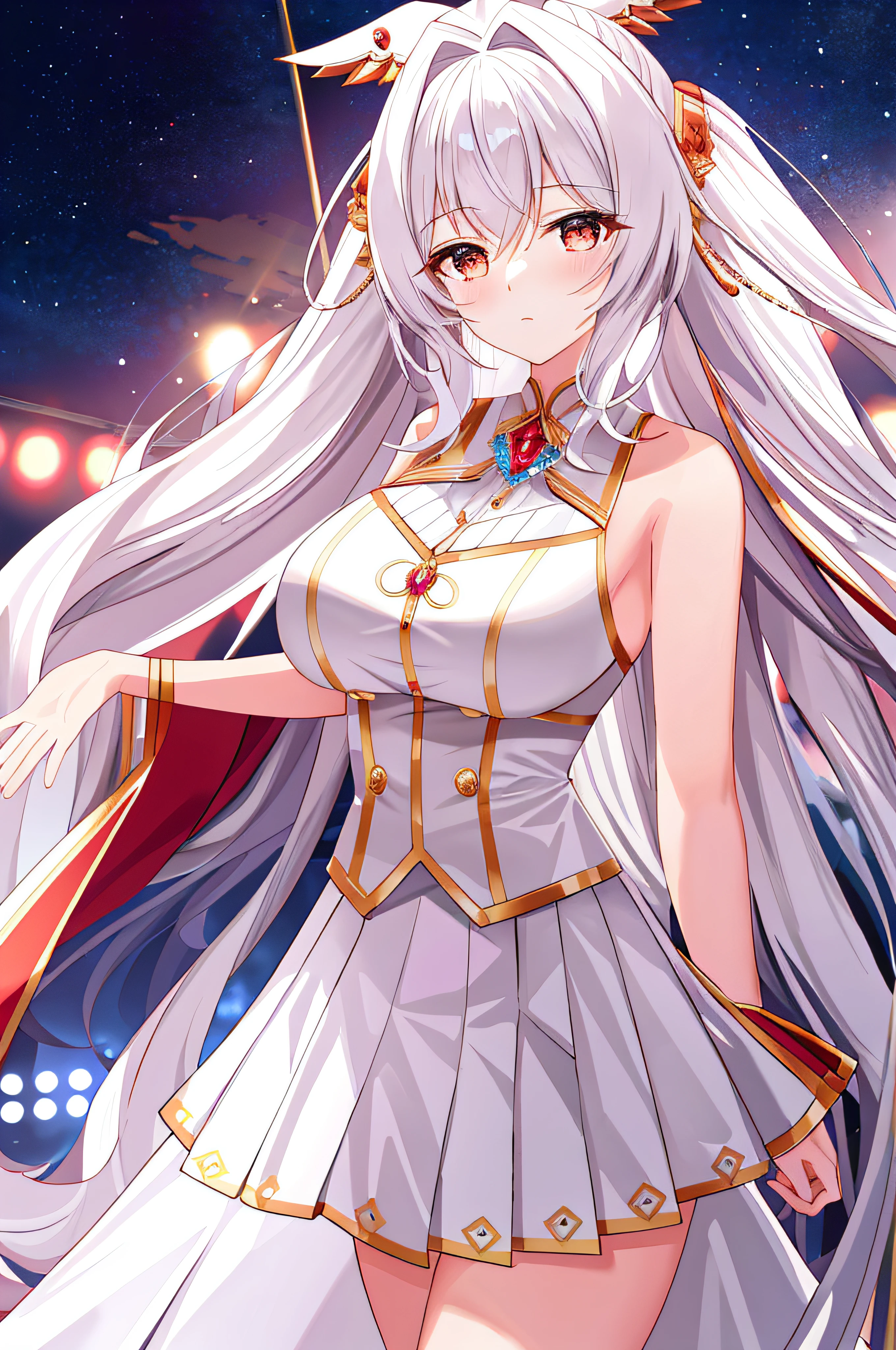 tmasterpiece,Best quality at best,ultra high quality cg,1个Giant Breast Girl,独奏,long whitr hair,Keep your eyes on the audience,medium boob,White color hair,Closed mouth,Protruding the collarbone,Wearing a pleated skirt,Expose legs,hyper HD。