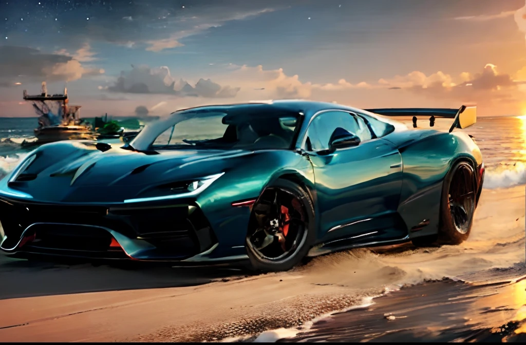 "Generate a mesmerizing image of sleek, futuristic cars gracefully navigating through shimmering waves beneath a vibrant technicolor sunset sky."