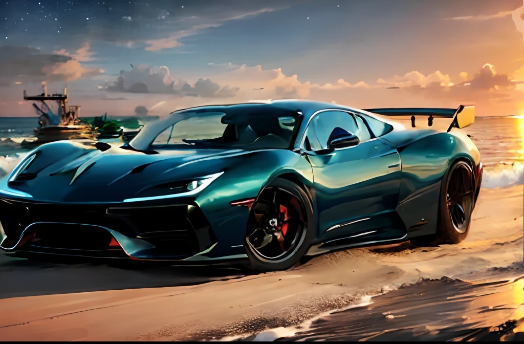 "Generate a mesmerizing image of sleek, futuristic cars gracefully navigating through shimmering waves beneath a vibrant technicolor sunset sky."