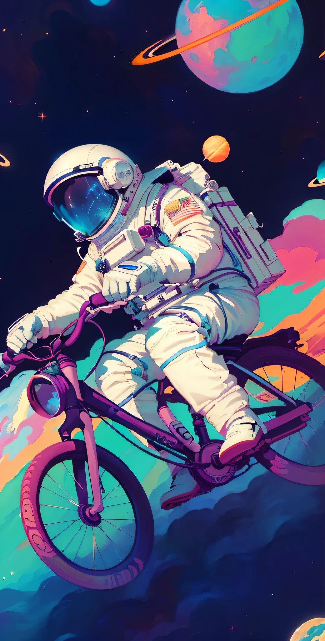 Astronaut riding a bicycle in outer space,The background is planets, jen bartel, Inspired by Cyril Rolando, Space travelling, in the style of Cyril Rolando, Epic Highway - Journey to Outer Space, Space travelling, astronaut riding a horse, sci-fi illustrations, sci-fi illustrations, cyril rolando and goro fujita, cosmonaut, Astronaut