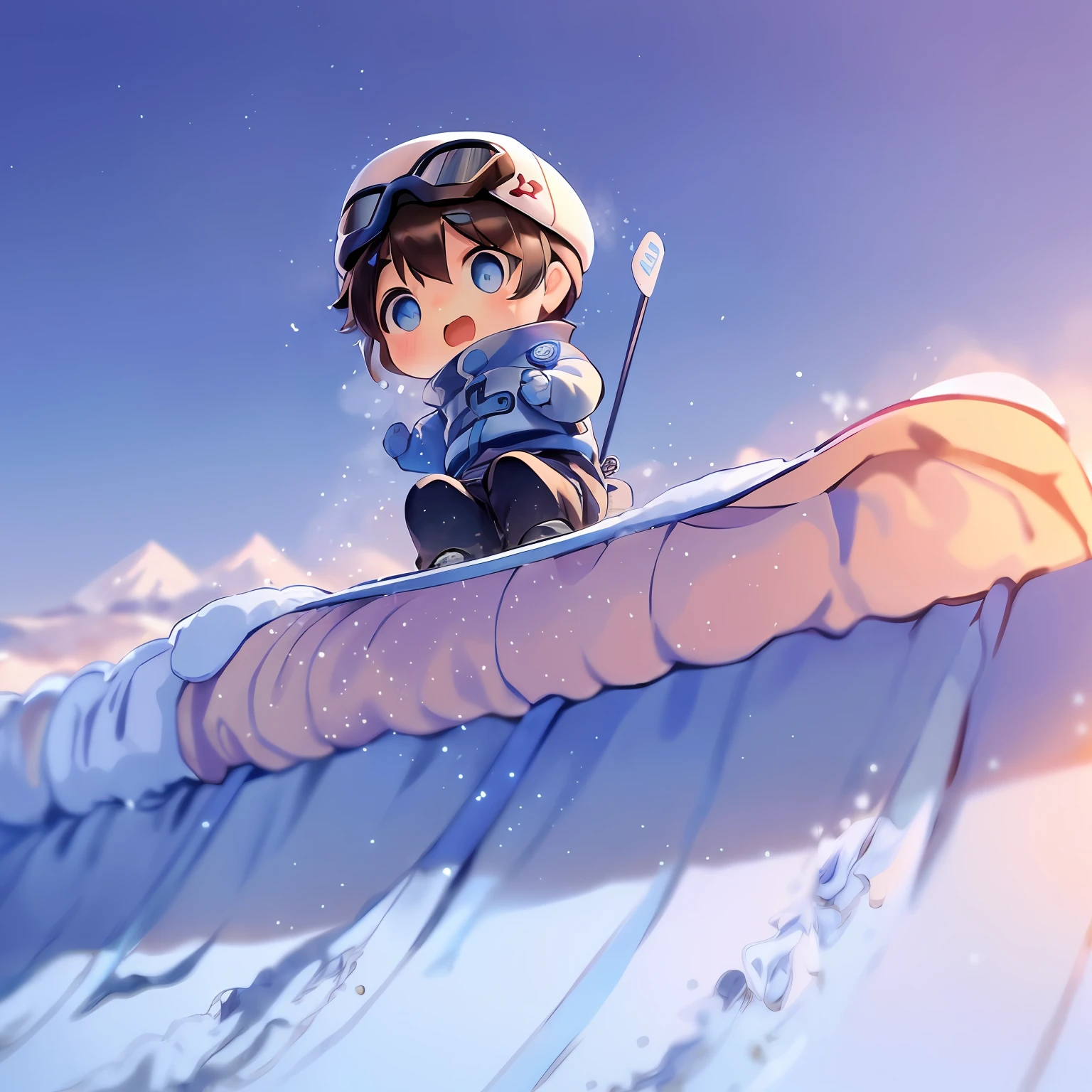 ​masterpiece, top-quality, Chibi,1boy(((Blue-eyed boy))), cheng,brown haired,shorth hair, Ski resort on a sunny day、snow board、(((Chasing the person in front of you on a snowboard)))(((Glide facing forward)))