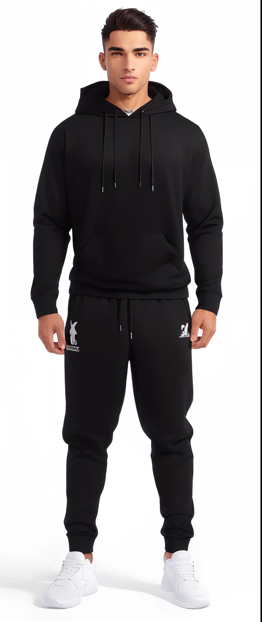 A man in a black hoodie and sweatpants stands in front of a white background, agasalho esportivo, roupas esportivas, wearing a tracksuit, vestido capuz preto, roupas esportivas, usando um capuz preto, capuz preto, wearing a track suit, black sweatpant, Cor principal - Preto, wearing a hoodie and sweatpants, roupa interior preta, modelo masculino, roupas pretas casuais