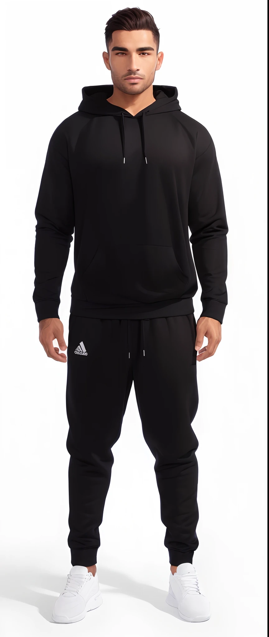 A man in a black hoodie and sweatpants stands in front of a white background, agasalho esportivo, roupas esportivas, wearing a tracksuit, vestido capuz preto, roupas esportivas, usando um capuz preto, capuz preto, wearing a track suit, black sweatpant, Cor principal - Preto, wearing a hoodie and sweatpants, roupa interior preta, modelo masculino, roupas pretas casuais