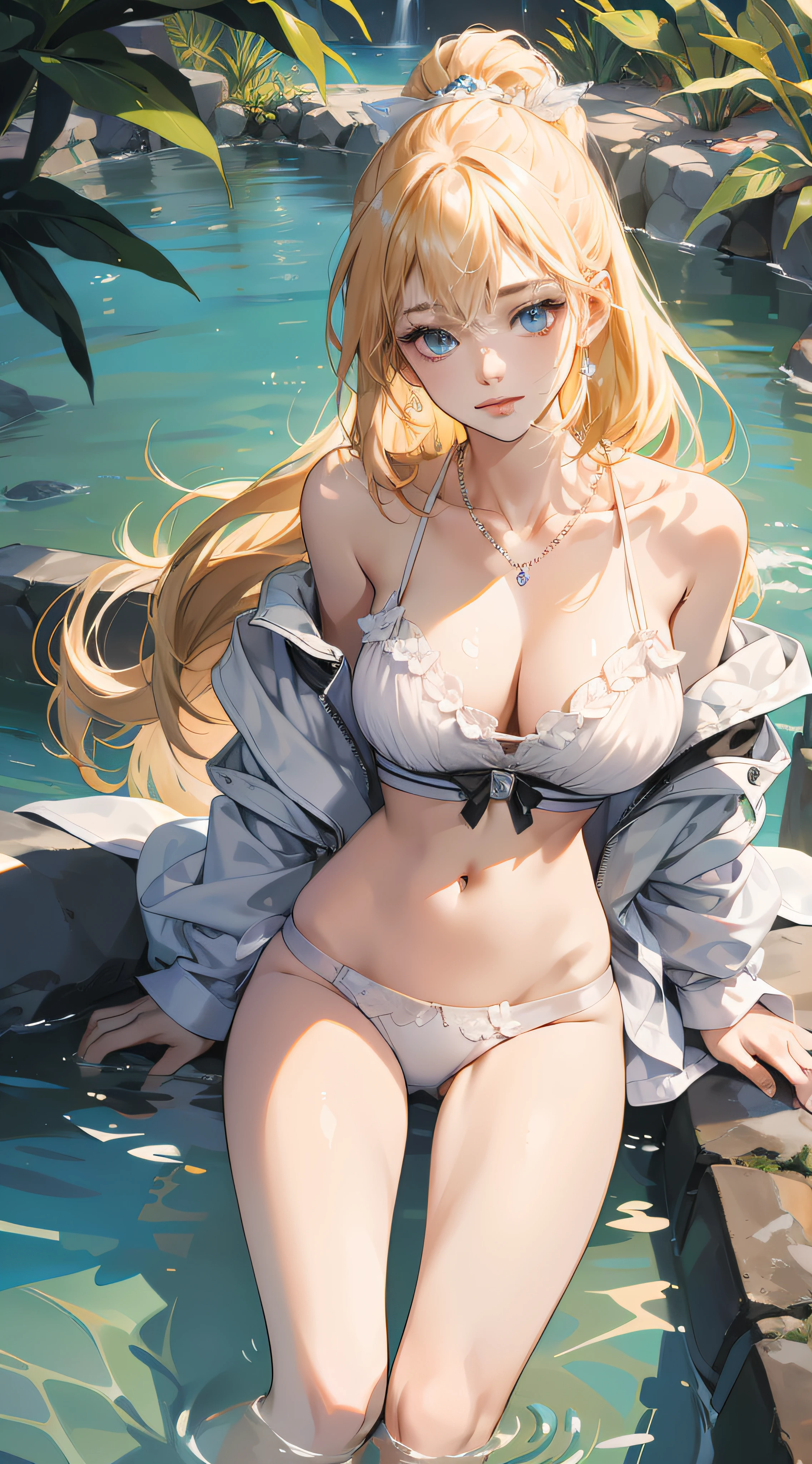 anime girl in a bikini sitting in a pool of water, seductive anime girls, beautiful and seductive anime woman, Beautiful anime girl, attractive anime girls, Blonde anime girl with long hair, Beautiful anime woman, beautiful alluring anime teen, Guweiz in Pixiv ArtStation, Guweiz on ArtStation Pixiv, Guviz-style artwork