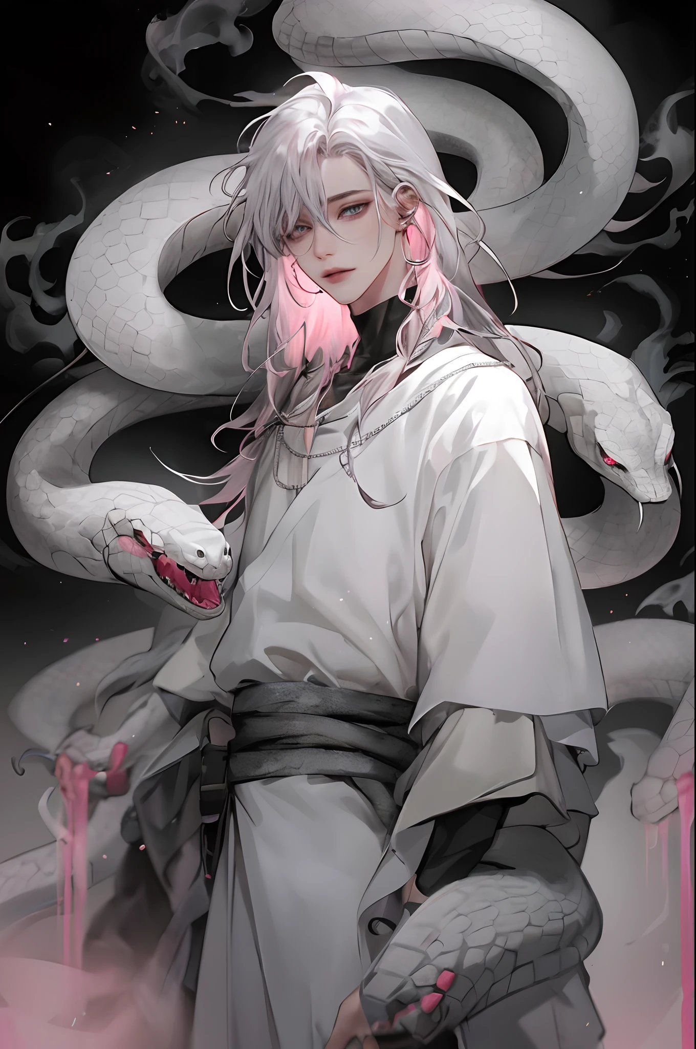 mtu，high and cold，cool guy，Snake Clan Boy，white  clothes，paleskin，National style beautiful boy，Pink White Long Hair，Evil laughter，unholy，long whitr hair，Blue-gray hair，White snake，Poison spells，There is pink poisonous smoke around，Beautiful semi-three-dimensional，Realistic facial features，full bodyesbian，vivaciousness，Best Picture Quality，depth of fields，