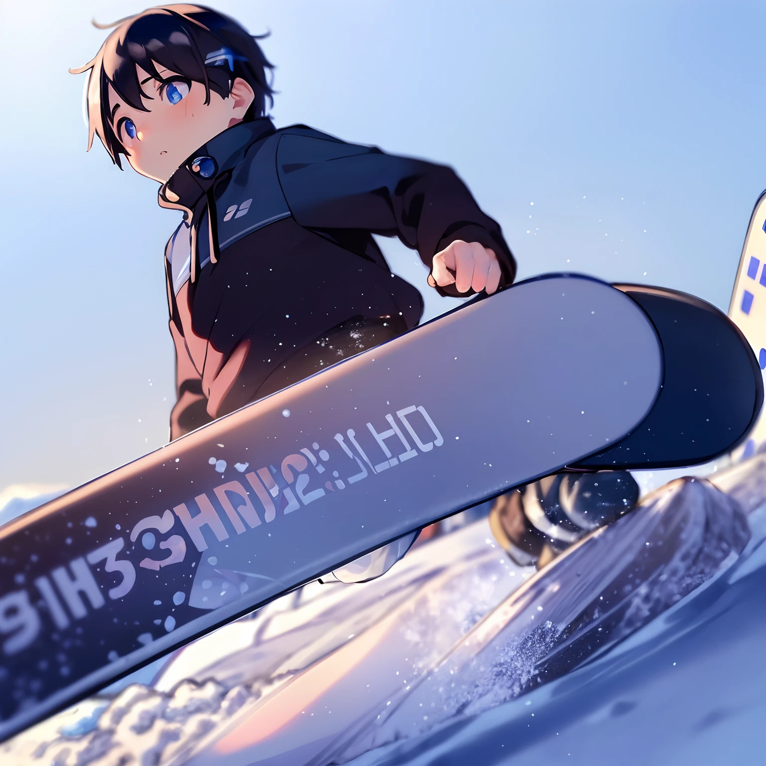 ​masterpiece, top-quality, Chibi,1boy(((Blue-eyed boy))), cheng,brown haired,shorth hair, Ski resort on a sunny day、snow board、(((Chasing the person in front of you on a snowboard)))(((Glide facing forward)))