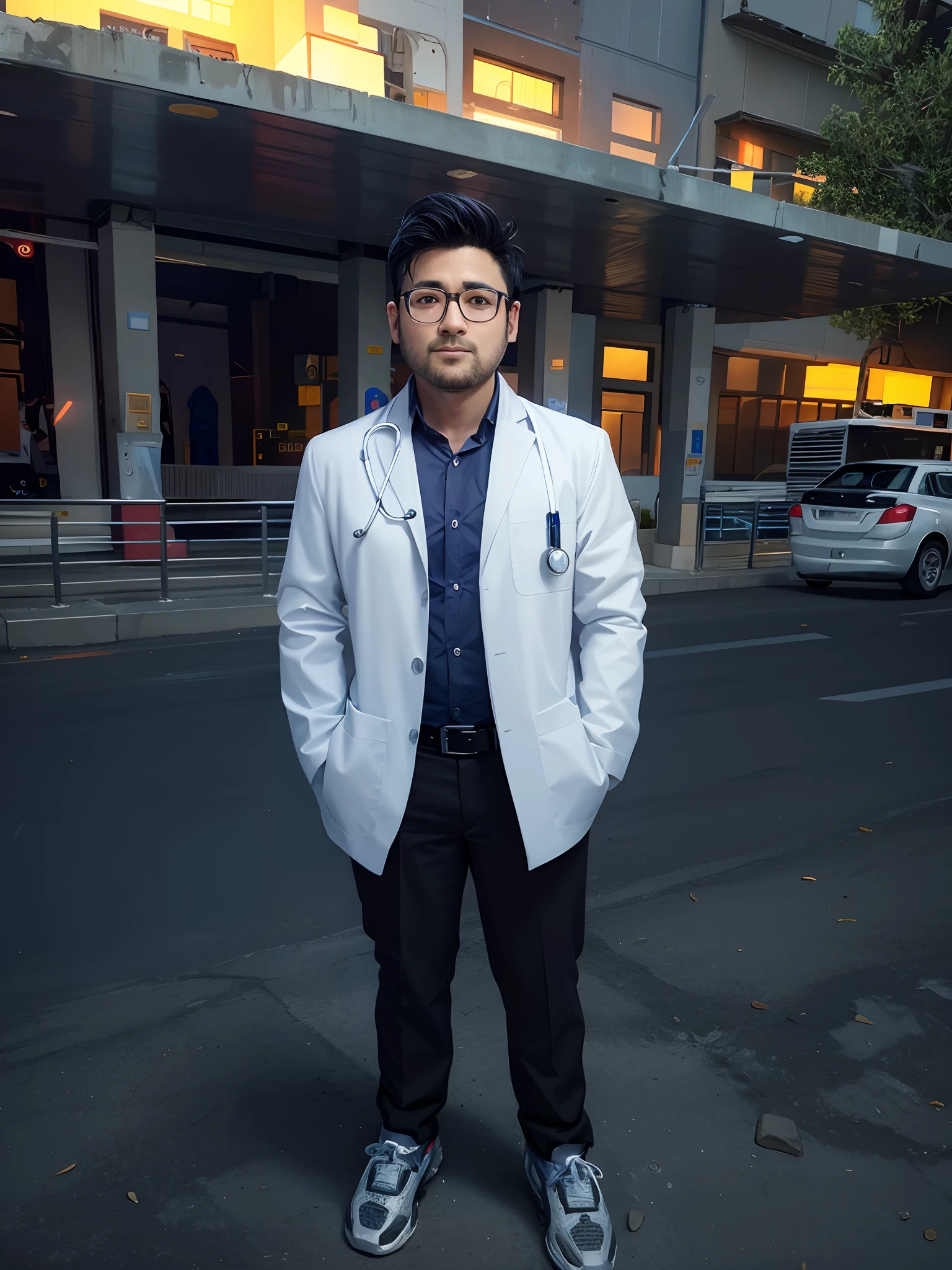 arafed male doctor standing in a parking lot in front of a building, doctor, medical doctor, wearing lab coat, (doctor), with a stethoscope, with a lab coat, local conspirologist, wearing a lab coat, male physician, wearing a labcoat, wearing a white lab coat, wearing lab coat and glasses, ultra realistic portrait, realistic face, 8k, cyberpunk, super high resolution, change background, mechanical, sci fi, boy, colourful,