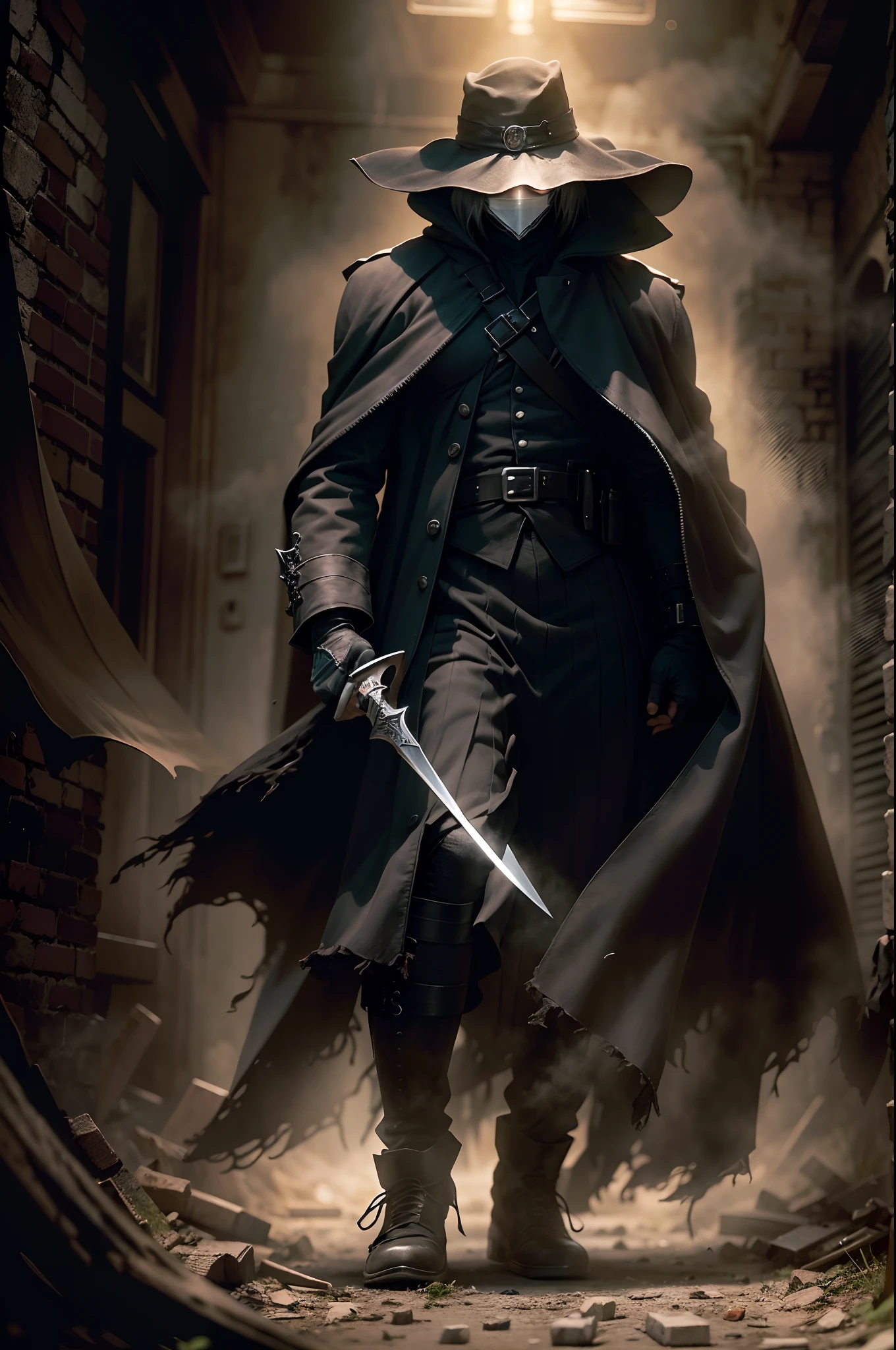 Imagine a dark and intimidating image of the character V for Vendetta. He's standing, with the flowing black cloak around him, como se estivesse envolto nas sombras da noite. His face is hidden by a smiling white mask, que contrasta com o restante de seu visual sombrio.

V holds two sharp daggers in his hands, prontas para o combate. His slender and agile body conveys an aura of impressive dexterity and agility. Ao seu redor, a dense and mysterious mist stands out, adding a touch of mystery to your presence.

Back of V, A wall of faded and cracked bricks represents the decay and oppression of the world in which he lives. Symbols of resistance and anarchy are strewn across the wall, como grafites e cartazes com palavras de rebeldia.

The illumination of the image is dark and dramatic, with filtered beams of light cutting through the mist, destacando V como uma figura sinistra e imponente. His posture is firm and confident, demonstrating that he does not fear those who oppress him.

This dark and intimidating image of the V for Vendetta character captures his enigmatic personality, his determination to fight tyranny and his ability to protect the innocent. It conveys a sense of power and justice, showing him as a force to be feared by his enemies.