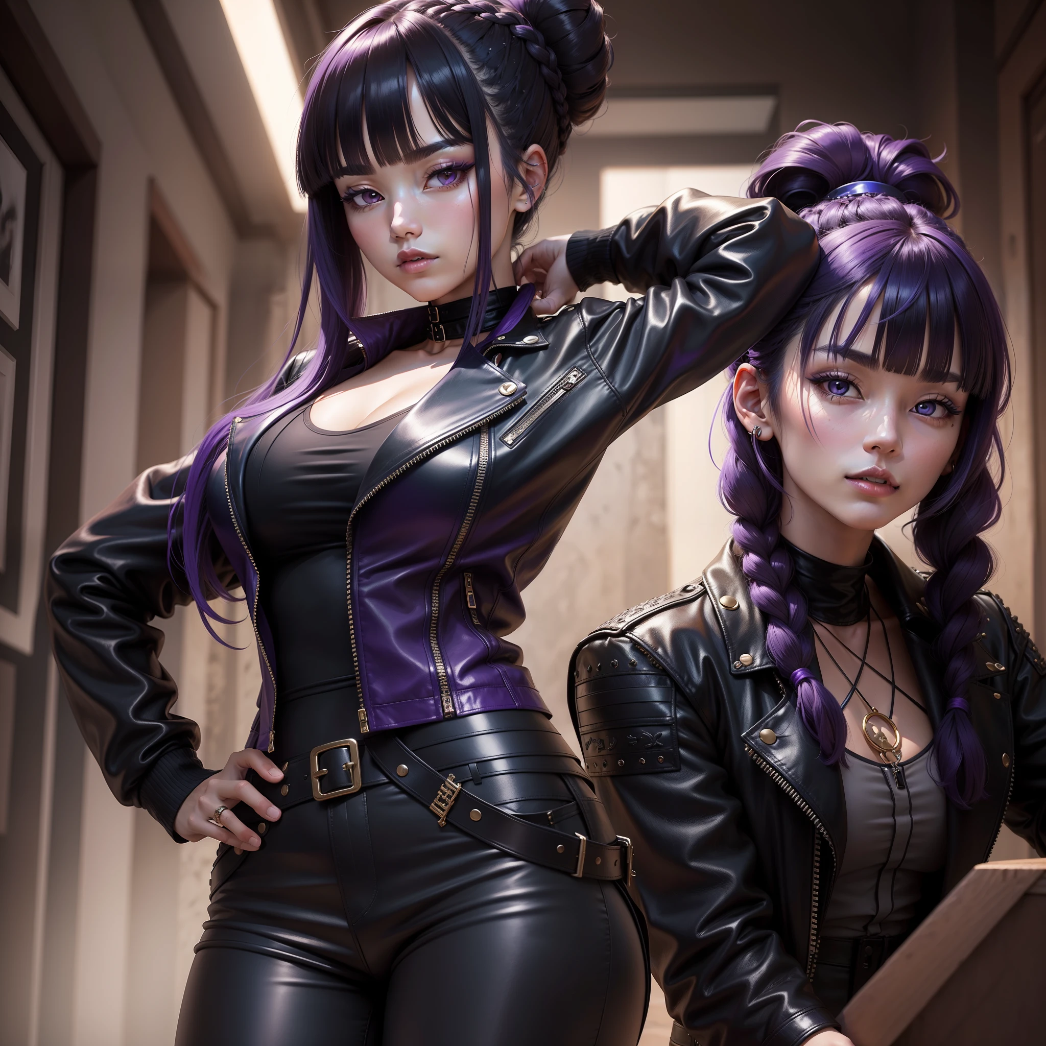 woman, Masterpiece, korean style hair, Long hair, hair-bun, Braids, Leather jacket and leather pants,professional hair stylist, ornate hair, abstract backgrounds, Purple eyes, Dark blue hair, ((Blunt bangs))