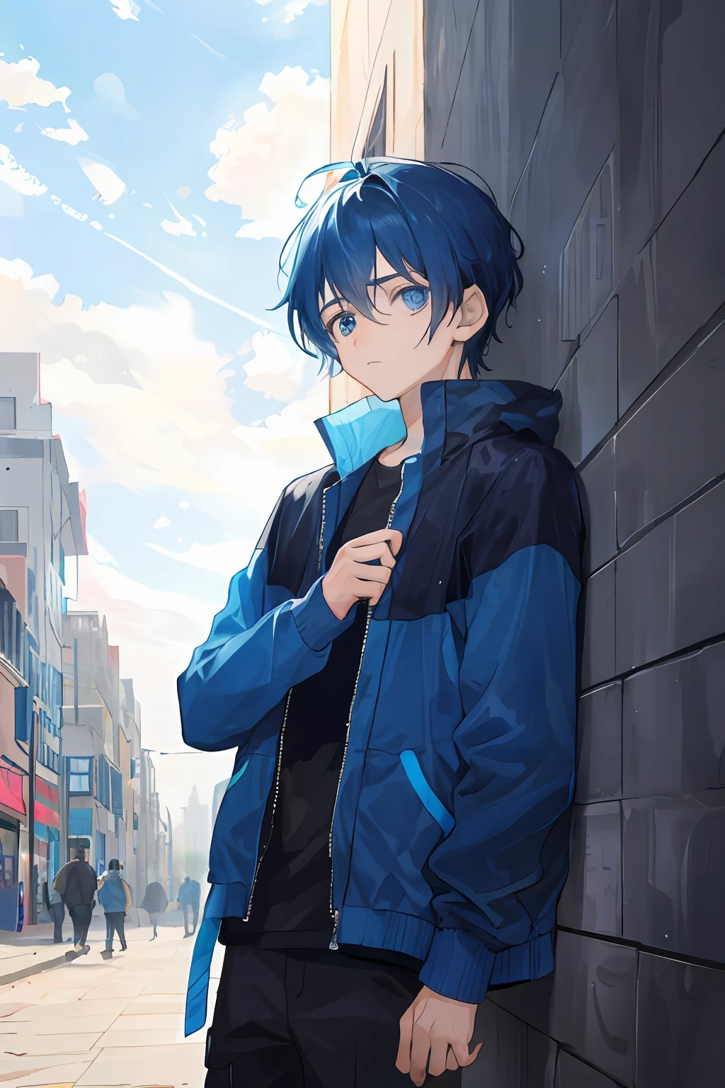 14-year-old boy lost in the city looks sad, lo vemos desde atras mirando triste una cuidad o sabe en donde esta tiene cabello azul