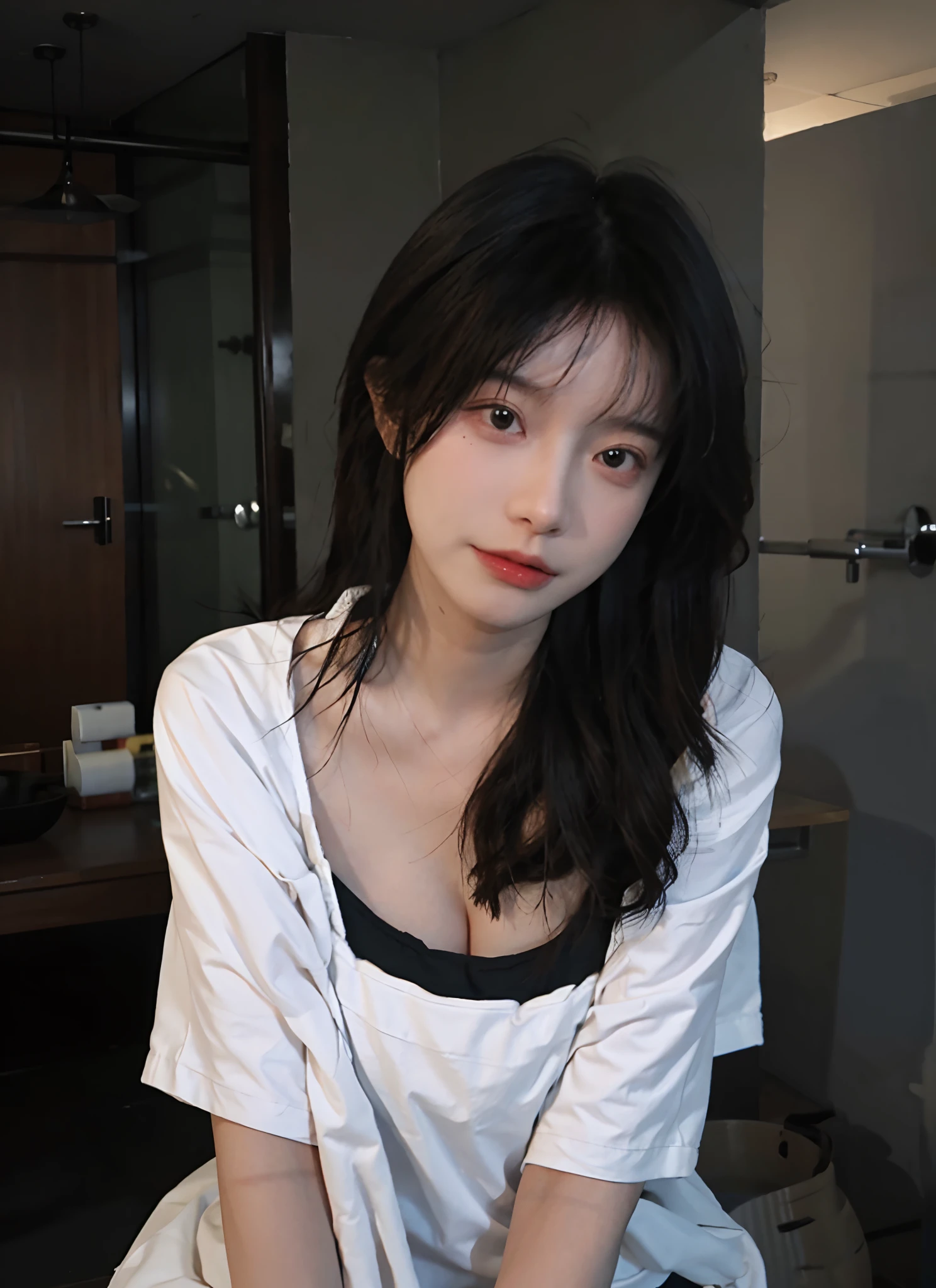 best qualtiy，tmasterpiece，超高分辨率，（realisticlying：1.4），1girll，In the bathroom，Raised sexy，（The shirt：1.2），（brassier：1.2），（big cleavage breasts：1.3），（The upper part of the body：1.4），Dressed in black lace，