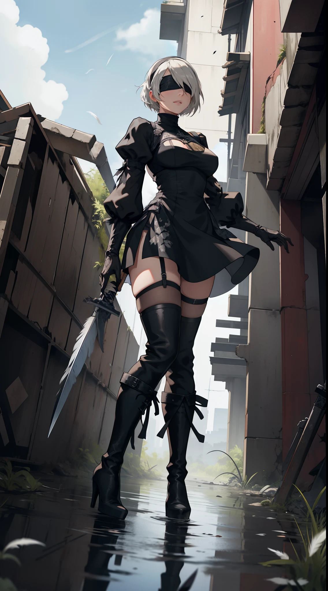 yorha no. 2 type b, 1girl, absurdres, black blindfold, black dress, black hairband, blindfold, blue sky, boots, building, city, cloud, covered eyes, debris, dress, feather-trimmed sleeves, feather trim, from below, gloves, grass, hairband, high heel boots, high heels, highres, juliet sleeves, katana, leather, leather boots, long sleeves, nier \(series\), nier automata, outdoors, overgrown, pod \(nier automata\), post-apocalypse, puddle, puffy sleeves, rubble, ruins, scenery, sky, thigh boots, thighhighs, thighhighs under boots, water