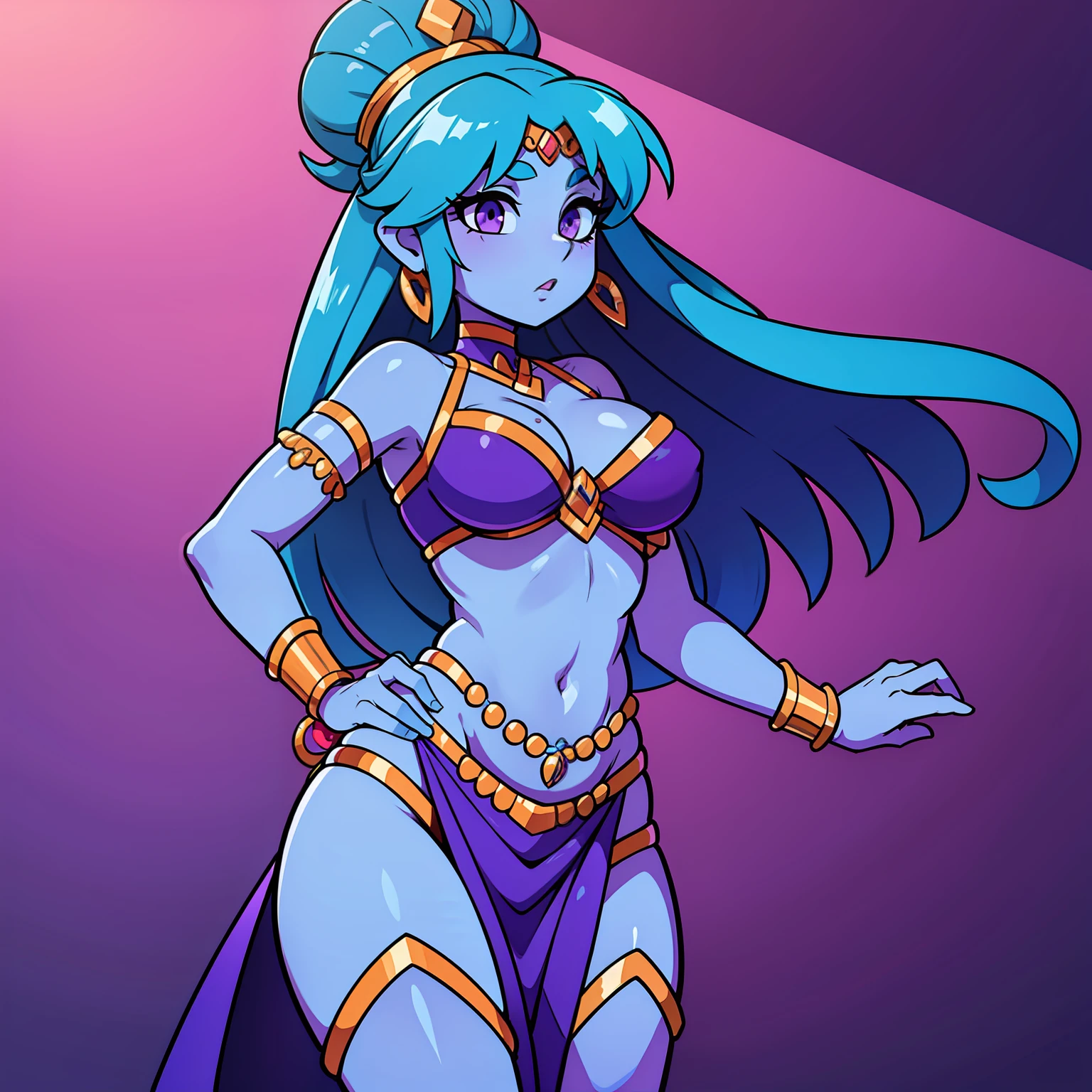 A blue-skinned belly-dancer goddess, purple outfit