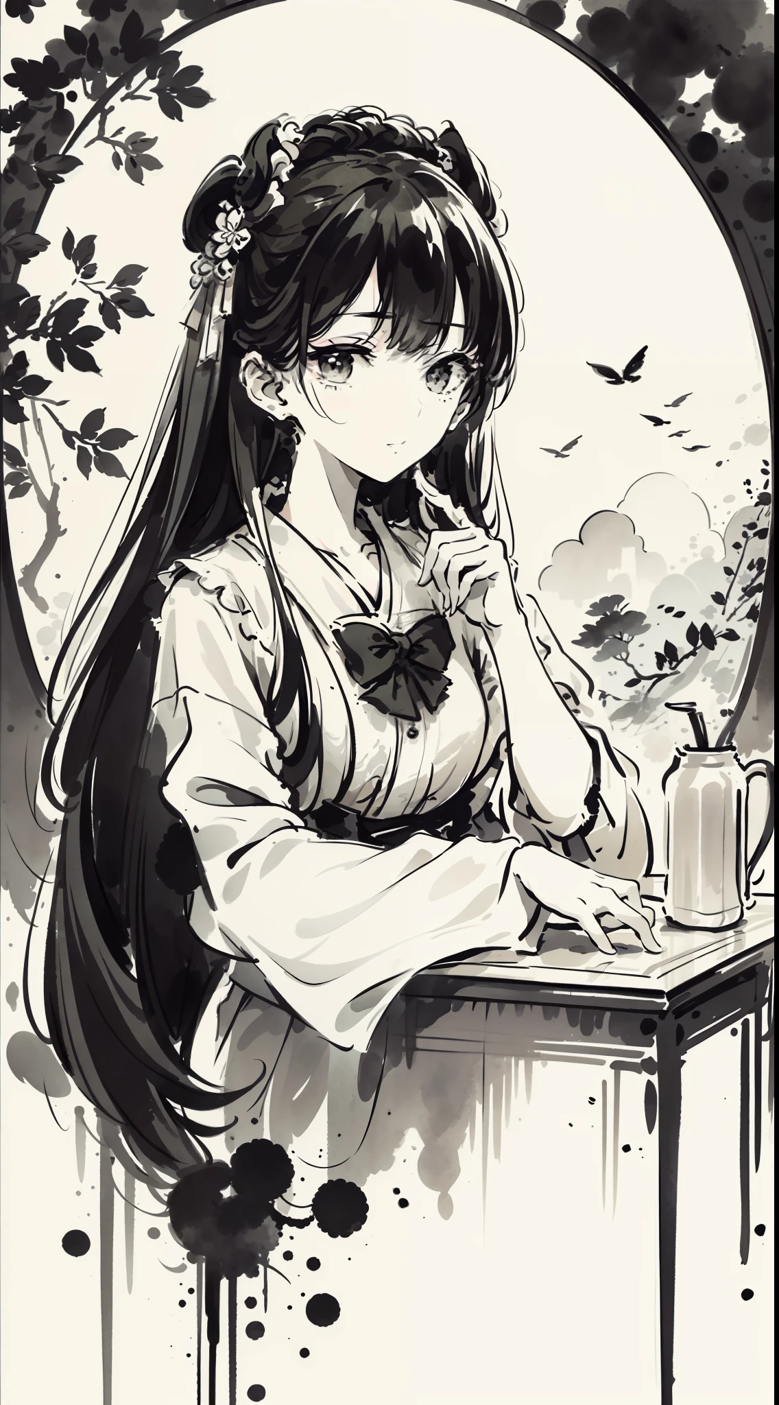(Master masterpieces,high qulity,Very detailed,Perfect artwork,CG),(ink wash style:1.5),Defocused,black and white,The art of paper,illustration,white background, scenery,one-girl,Oriental elements,vanity table,mirror surface