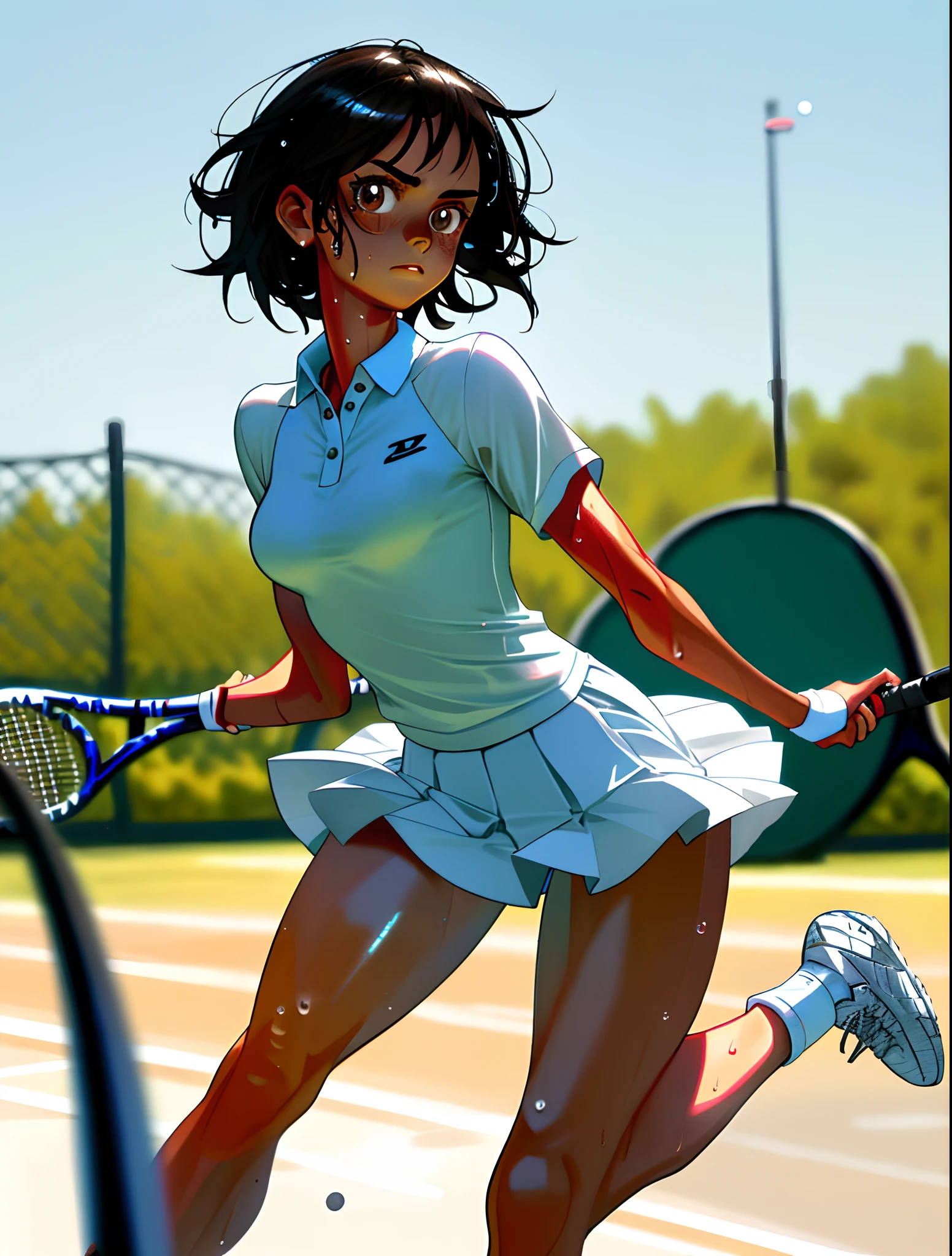 1girl, solo, white polo shirt, white sneakers, tennis wear, white miniskirt, masterpiece, best quality, realistic, hyper-detailed, (shiny skin, sweaty:1.4), absurd, looking at viewer, short black hair, brown eyes, slender, dynamic lighting, high resolution, sharp focus, depth of field, detailed eyes, sharp pupils, realistic pupils, (small breasts:1.6), (thick thighs:1.0), outdoor, sky