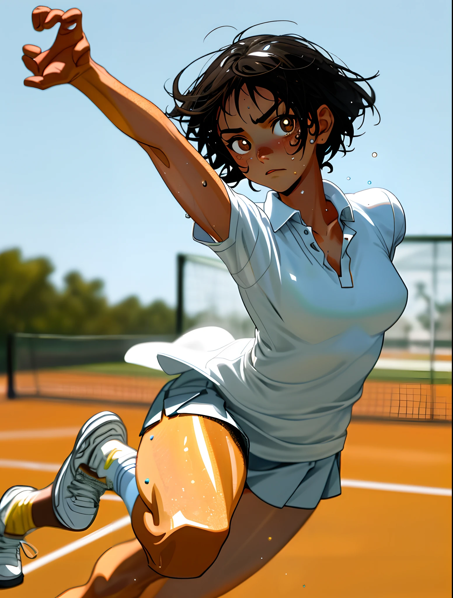 1girl, solo, white polo shirt, white sneakers, tennis wear, white miniskirt, masterpiece, best quality, realistic, hyper-detailed, (shiny skin, sweaty:1.4), absurd, looking at viewer, short black hair, brown eyes, slender, dynamic lighting, high resolution, sharp focus, depth of field, detailed eyes, sharp pupils, realistic pupils, (small breasts:1.6), (thick thighs:1.0), outdoor, sky