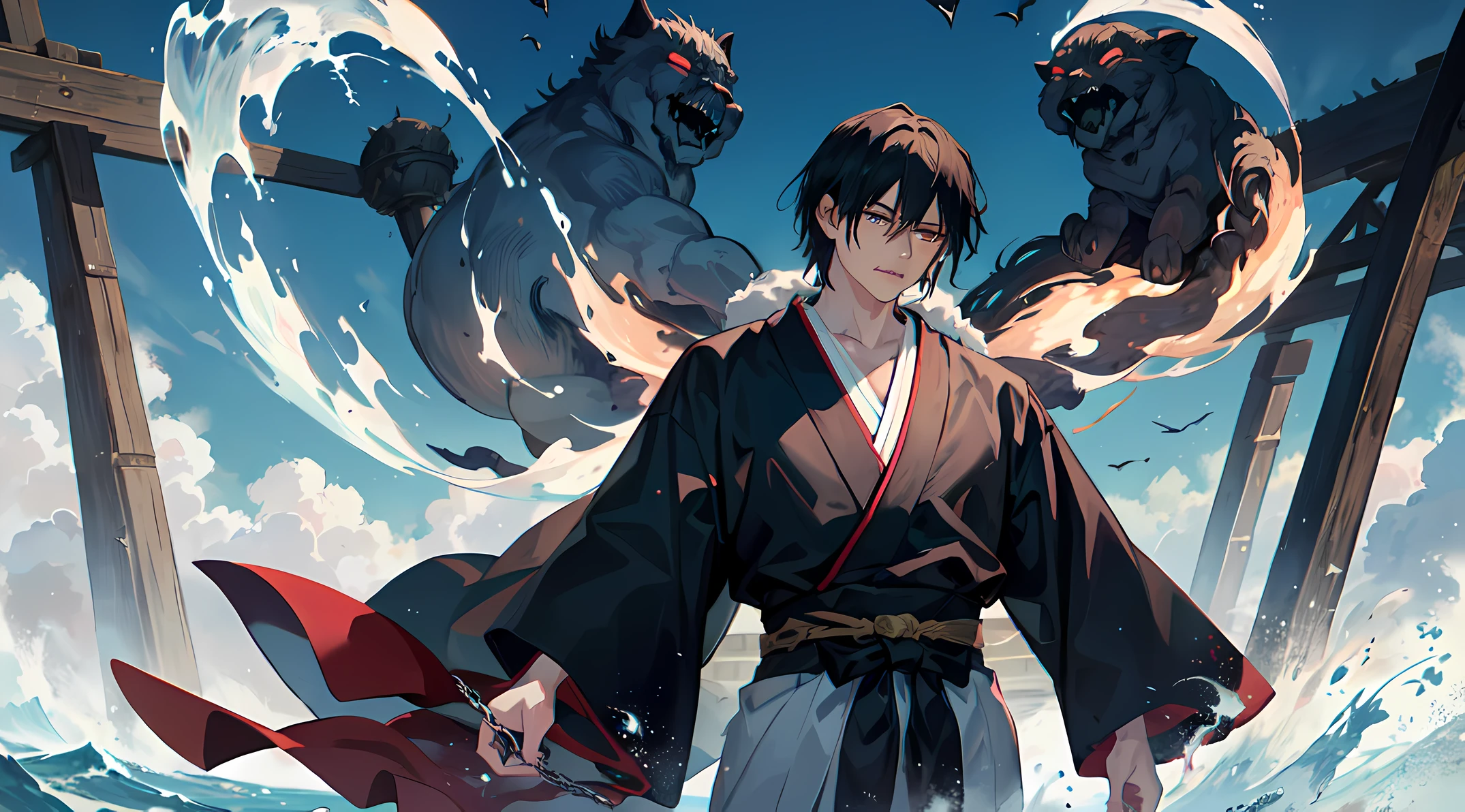The great Toji Fushiguro is an enigmatic and powerful figure, Standing at the waterfall, surrounded by thick fog. He is chained, which seem unshakable and impossible to break. His gaze is full of cruelty and contempt, causing a powerful fear in the viewer. The great Toji Fushiguro looks like an ancient demon wearing white joggers and a black kimono on his body, The embodiment of evil and mysticism. It emits a powerful aura, which causes the air around him to tremble and create a sense of imminent danger. The peals of the waterfall and the sound of its chains add to the atmosphere of fear and tension. The great Toji Fushiguro looks directly into the eyes of the viewer, as if reading his thoughts and causing awe in the very depths of his soul. His dark eyes sparkle like living coals, reflecting infinite wisdom and sinister power. The presence of the Great Toji Fushiguro at the waterfall creates a feeling, that he is the lord of the place, the embodiment of his spirit and the unshakable power of nature. He has incredible magic, capable of plunging even the bravest and bravest into awe. The great Toji Fushiguro symbolizes the immense power of nature, which can be both beautiful and terrifying. His appearance is filled with symbolism and mystery. Runes, carved on his body and chains, keep the secrets of old magic and long-forgotten rites. The great Toji Fushiguro represents the crossroads between the human world and the spirit world, And His presence calls us to explore the depths of our own inner world. It stands near a waterfall, which is a symbol of strength, revival and overcoming obstacles. The sound of falling water and thick fog, surrounding the Great Toji Fushigurō, create the impression of incomprehensible mysticism and power, which is hiding in this place. The great Toji Fushiguro evokes mixed feelings in us - fear and admiration, Horror and delight. It reminds us of, that there are depths within us, that we must explore and accept, To unleash our true potential.