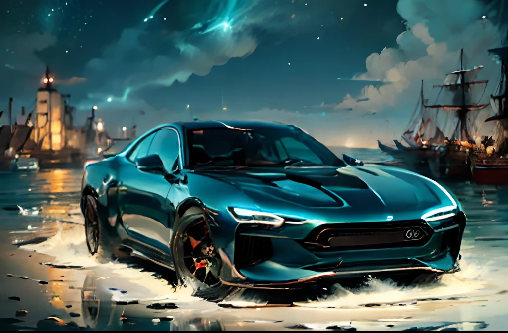 1. "Imagine a world where futuristic cars cruise effortlessly over the waves, their reflective surfaces mirroring the tranquil sea beneath a mesmerizing double moonlit sky."
2. "Craft an artwork showcasing ultra-modern aquatic vehicles racing through bioluminescent waters, leaving trails of neon light in their wake against a backdrop of distant futuristic cityscapes."
3. "Create an underwater scene where elegant futuristic cars navigate through the depths, their illuminated wheels and streamlined bodies blending seamlessly with the vibrant marine life and coral reefs."
4. "Envision a dynamic composition featuring gravity-defying airborne futuristic cars skimming the surface of a serene ocean, surrounded by floating islands and aerial highways."
5. "Illustrate an innovative future where amphibious cars seamlessly transition from land to sea, capturing the moment as they emerge from a crystalline coastline onto calm waters, with a gleaming metropolis in the distance."