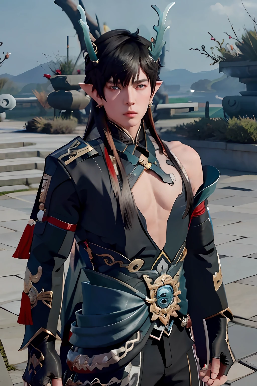 1 baby boy black_Hair, Chinese_clothes, Clothing_Cutout, Male_Focus, spiky_hor ears, Solo, Long_Hair, Blue_Eyes, Hair_between_Eyes, Bare_bshoulders, jewelry, Closed_Mouth, The upper part of the body_Body, ahoge, Multicolored_Hair, Horns, Dragon_Horns, nipple tassels_Earrings, Dragon_Boy，Big ，Abs，robust