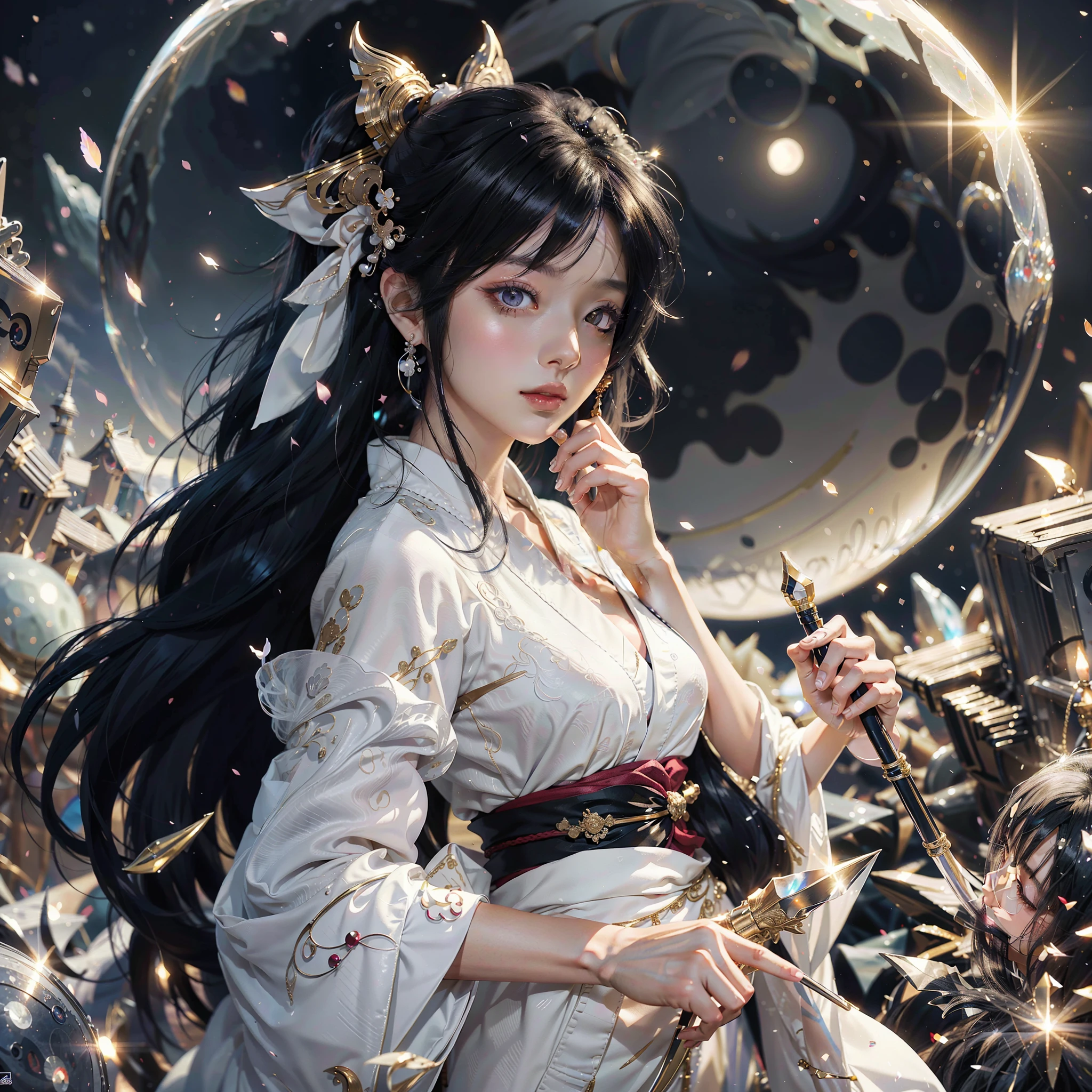 watching at viewers、moon in background、poneyTail、Woman with shiny black hair、Gorgeous white kimono、Depict a beautiful and graceful woman of Japan。Heart in the eye。full bodyesbian。 beautiful anime artwork, beautiful anime art, Anime art wallpaper 8k, beautiful fantasy anime, Beautiful anime, Detailed anime artwork.Blur the background Hold a sickle