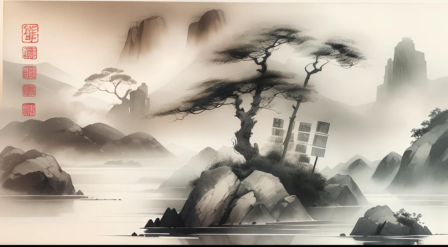 ink and watercolor painting,Draw on rice paper,Use thick and light ink to create light and dark variations and layers,Pick the right ink color,Such as deep black、Thick gray、Light coffee, etc,to express different situations and atmospheres,Control the gradient and transition of ink color by the humidity and consistency of the ink,mont,Eau,the trees,Lake surface,Small broken boat,Bleak, Desolate, Solitude,Black and white tones,dead tree, Traditional Chinese Ink Painting, Traditional Chinese art, author:Guo Xi, author:Ma Yuanyu, Traditional Chinese painting, author:Xu Xi, author:Luo Mu, author:Yang Buzhi, author:Li Kelan, author:Gu An, Ink painting ) ) ) ), Chinese ink painting, Chinese painting style