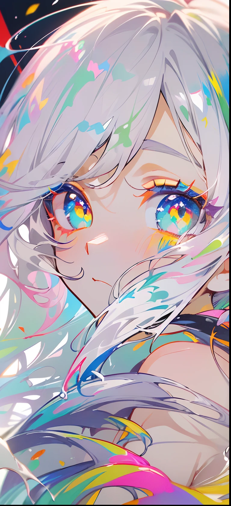 (Colorful hair: 1.8), (all the colours of the rainbow: 1.8),(((((Vertical Painting：1.6))), （Painting：1.6），front, comics, Illustrations, Painterly, Large eyes, Crystal clear eyes,（ rainbow color gradient high ponytail：1.7）, Exquisite makeup, Closed mouth,(Small fresh: 1.5),(Wipe Chest: 1.6) ，long eyelashes, white off shoulder T-shirt,  White shoulder shirt，gaze at the audience, Large watery eyes, (rainbow-colored hair：1.6), Color splash, （Solo：1.8）, Color splash, Color explosion, Thick paint style, Messy lines, ((Shining))，(Colorful), (Colorful), (Colorful), Colorful, Thick paint style, (Splash) (Color splash), Vertical Painting, Upper body, Paint splashes, Acrylic Pigment, gradient, paint, Highest image quality, Highest Quality, masutepiece, Solo, depth of fields, Face Paint,  colourful clothes, (Elegant: 1.2), Gorgeous,Long hair, Wind, (Elegant: 1.3), (flower petals: 1.4)，(((masutepiece))),(((Best Quality))),((Ultra-detailed)),(Illustration),(Dynamic Angle),((floating)),(paint),((disheveled hair)),(Solo),(1girl in) , (((Detailed anima face))),((beautifull detailed face)),Collar,Bare shoulders,White hair, ((Colorful hair)),((striated hair)),Beautiful detailed eyes,(Gradient color eyes),(((Colorful eyes))),(((Colorful background))),(((High color saturation))),(((Surrounded by colorful splashes))),