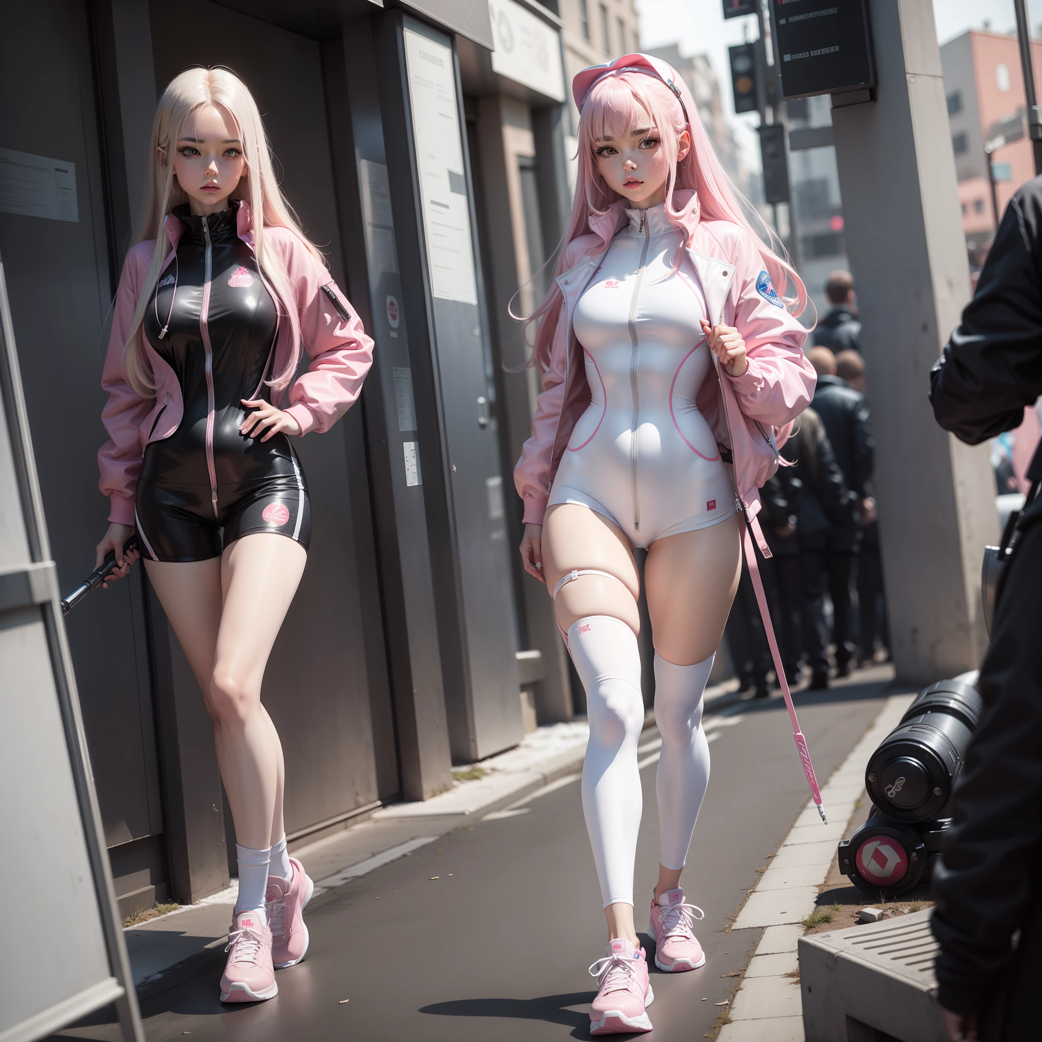 Masterpiece,Alice, long whitr hair,Pink one-piece gel coat,tightsuit,Jacket jacket,White sneakers,handheldweapons,8K,Excellent picture quality