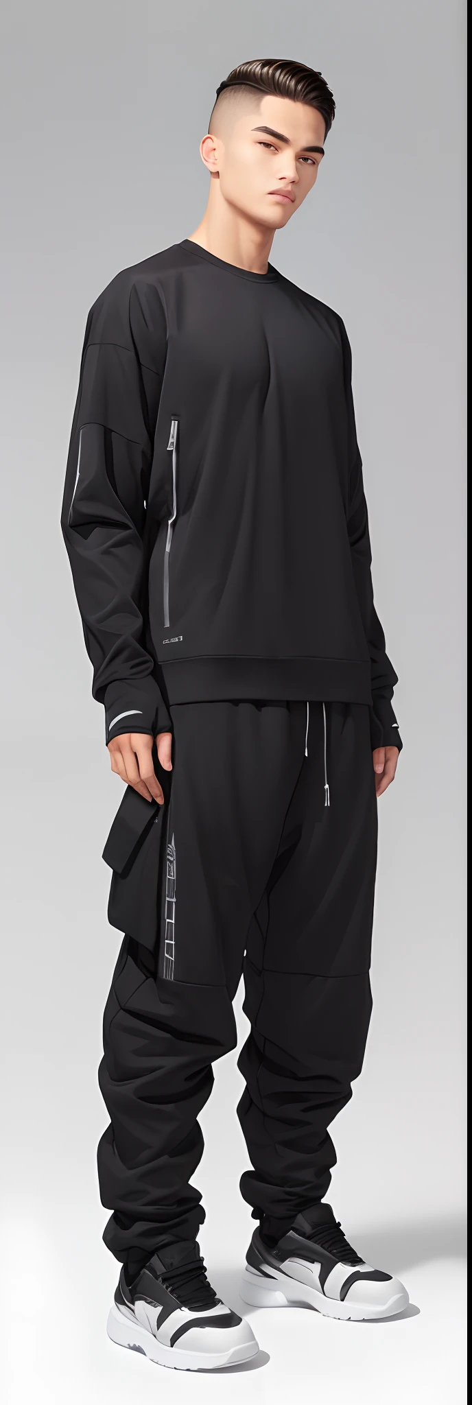 A man in black sweatpants and sneakers stands in front of a gray background, Acronym P31-DS Pants, roupas Techwear, Techwear, trending on r/techwearclothing, com dois bolsos frontais, moda Techwear, Futuro Techwear, Techwear Look e Roupas, wearing japanese techwear, acronym, vestindo roupas espaciais