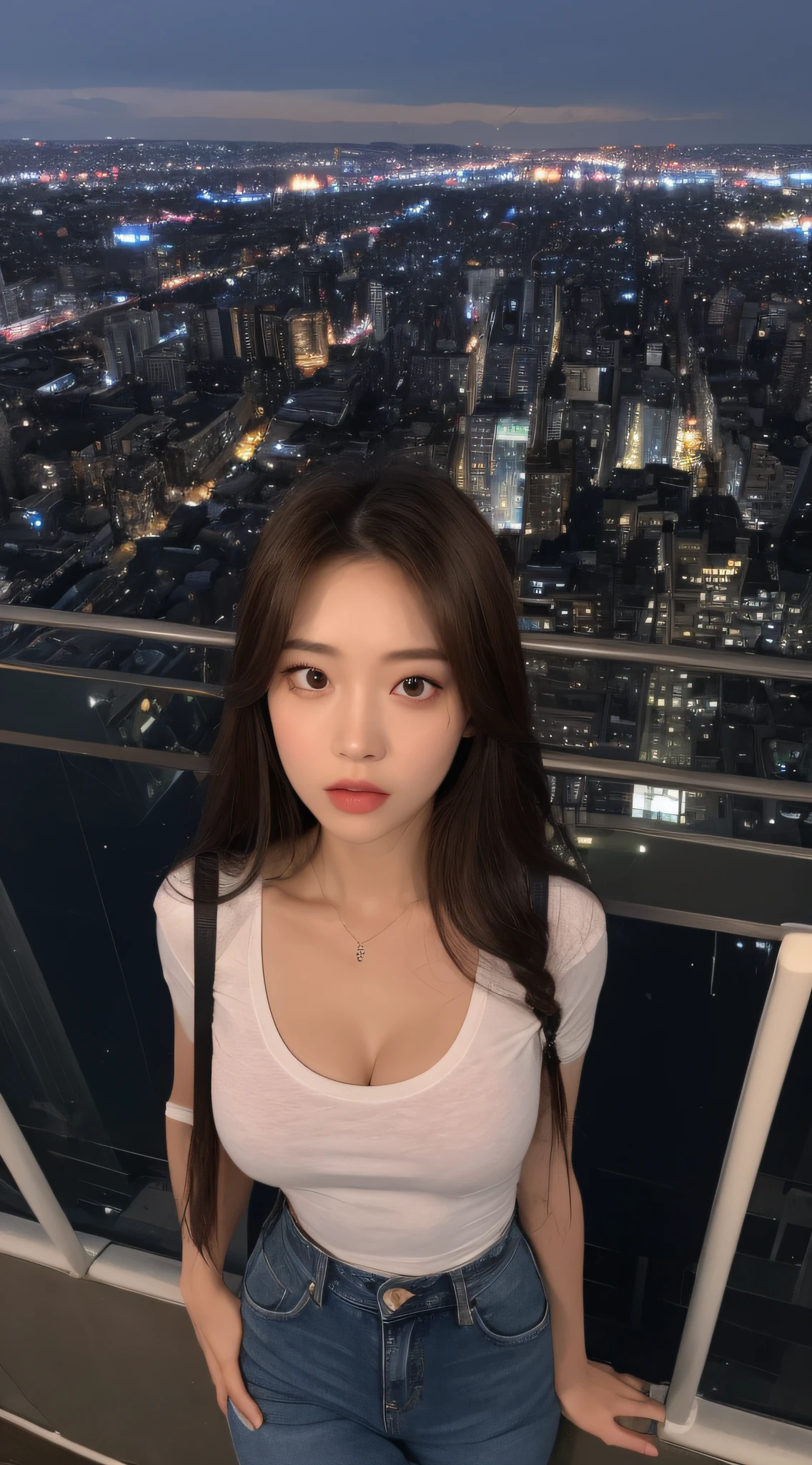 ((Midnight, Best quality, 8k, Masterpiece :1.3)), Whole body, Long legs, Sharp focus :1.2, A pretty woman with perfect figure :1.4, Slender abs :1.1, ((Dark brown hair, Big breasts :1.2)), (White tight tshirt, Jean bib, Standing:1.2), ((Night city view, Rooftop:1.3)), Highly detailed face and skin texture, Detailed eyes, Double eyelid