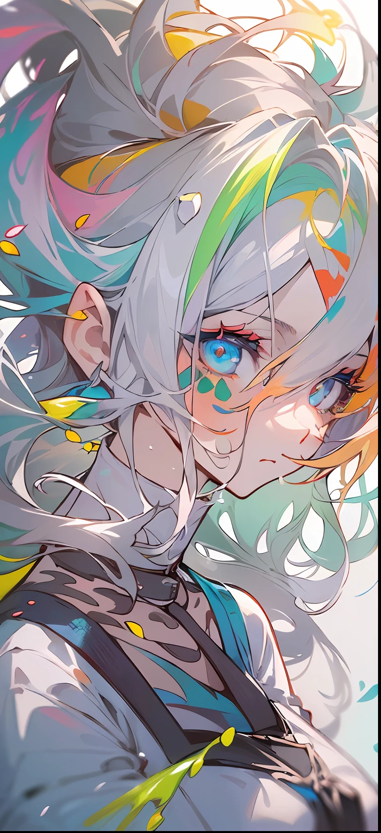 (Colorful hair: 1.8), (all the colours of the rainbow: 1.8),(((((Vertical Painting:1.6))), (Painting:1.6),front, comics, Illustrations, Painterly, Large eyes, Crystal clear eyes,( rainbow color gradient high ponytail:1.7), Exquisite makeup, Closed mouth,(Small fresh: 1.5),(Wipe Chest: 1.6) ,long eyelashes, white off shoulder T-shirt, White shoulder shirt,gaze at the audience, Large watery eyes, (rainbow-colored hair:1.6), Color splash, (Solo:1.8), Color splash, Color explosion, Thick paint style, Messy lines, ((Shining)),(Colorful), (Colorful), (Colorful), Colorful, Thick paint style, (Splash) (Color splash), Vertical Painting, Upper body, Paint splashes, Acrylic Pigment, gradient, paint, Highest image quality, Highest Quality, masutepiece, Solo, depth of fields, Face Paint, colourful clothes, (Elegant: 1.2), Gorgeous,Long hair, Wind, (Elegant: 1.3), (flower petals: 1.4),(((masutepiece))),(((Best Quality))),((Ultra-detailed)),(Illustration),(Dynamic Angle),((floating)),(paint),((disheveled hair)),(Solo),(1girl in) , (((Detailed anima face))),((beautifull detailed face)),Collar,Bare shoulders,White hair, ((Colorful hair)),((striated hair)),Beautiful detailed eyes,(Gradient color eyes),(((Colorful eyes))),(((Colorful background))),(((High color saturation))),(((Surrounded by colorful splashes))),