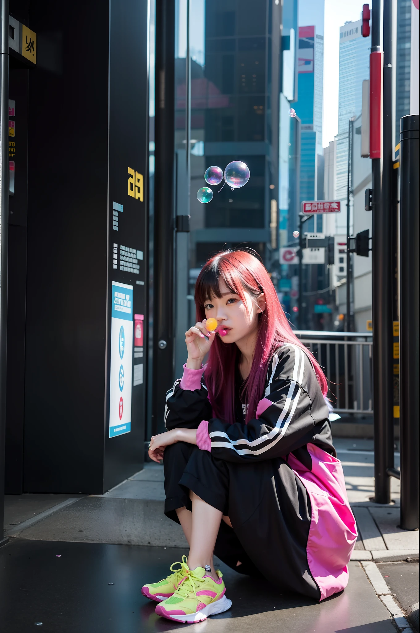 Cyberpunk world，A young girl sits on a corner of a city tall building with her legs folded，Blow bubble gum，Lazy gaze，very bored，Reach forward