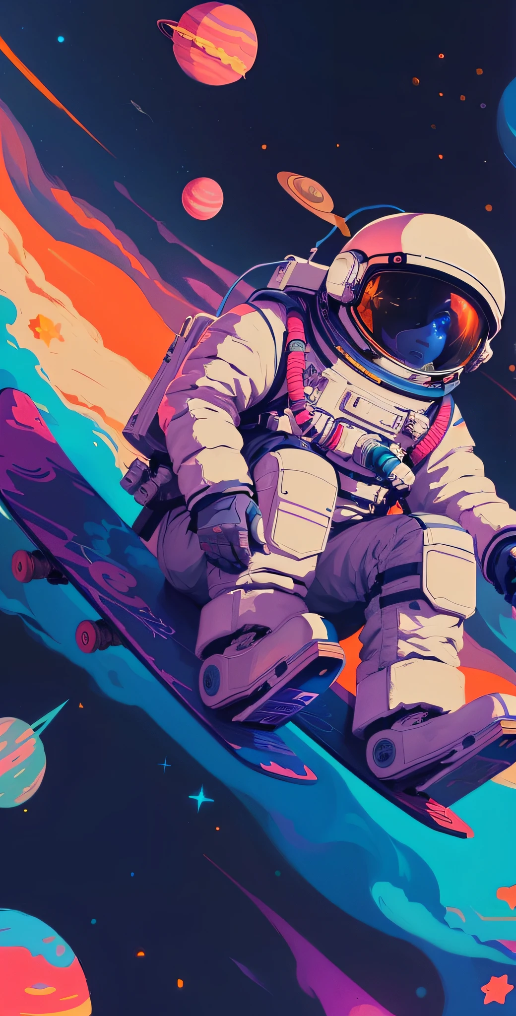 Astronaut on a skateboard in outer space，The background is planets, jen bartel, space, Space travelling, lonely astronaut, In space, space colors, cosmic space, Space travelling, Inspired by Cyril Rolando, an astronaut relaxing in space, beeple daily art, Astronaut, astronaut in space, spacewalk, Beeple e James Jean