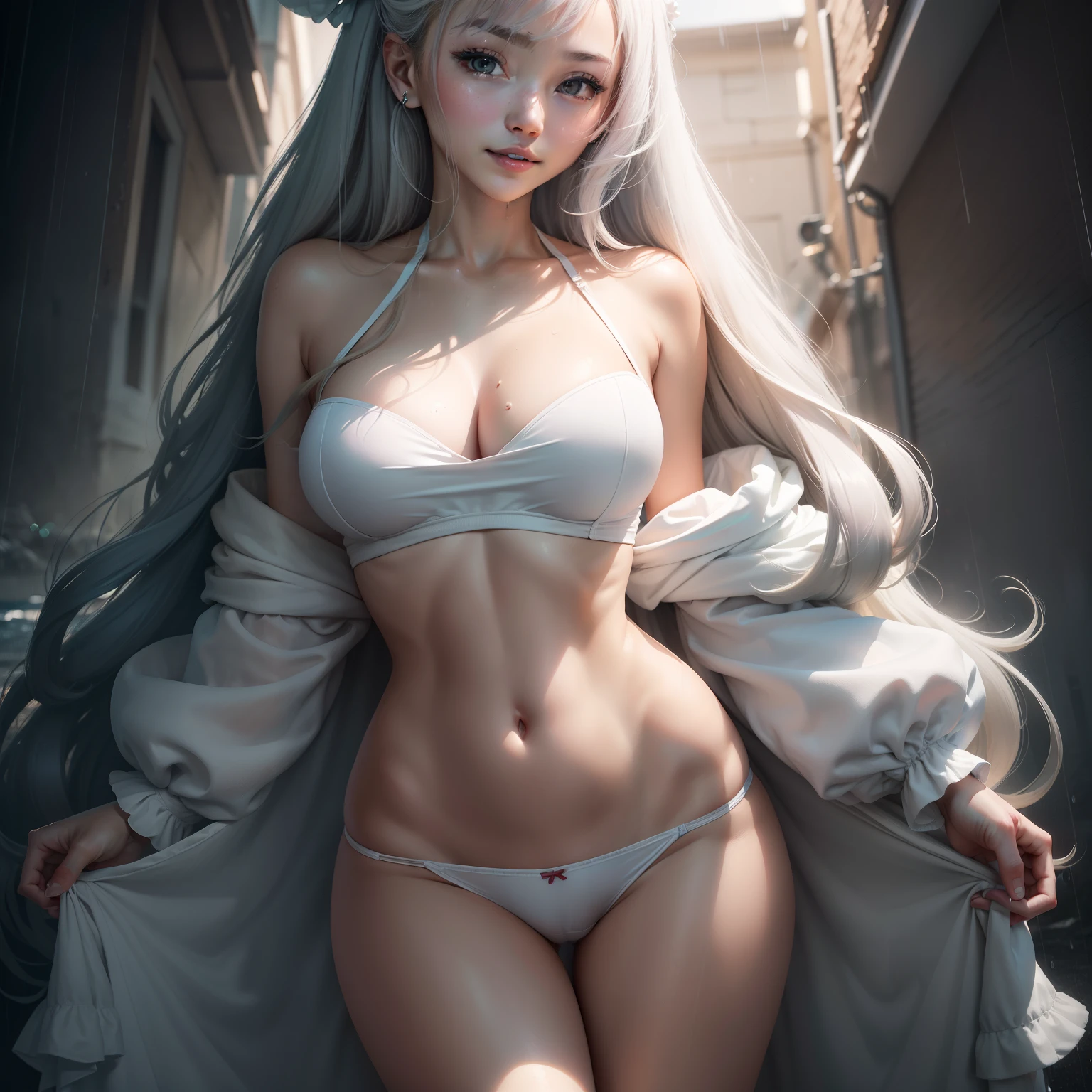 ((best qualtiy, 8K, tmasterpiece:1.3)), Focus:1.2, perfect figure beautiful woman:1.4, Cocked buttocks:1.2, ((long whitr hair)), (wetclothes:1.1) , (rain:1.3), Pink bandeau dress:1.1, Highly detailed facial and skin texture, A detailed eye, 二重まぶた,Cocked buttocks,Whiten skin,ssmile,Panties slightly exposed,Expose cleavage,Frontal photo,Underwear is thin,legs separated,1girll