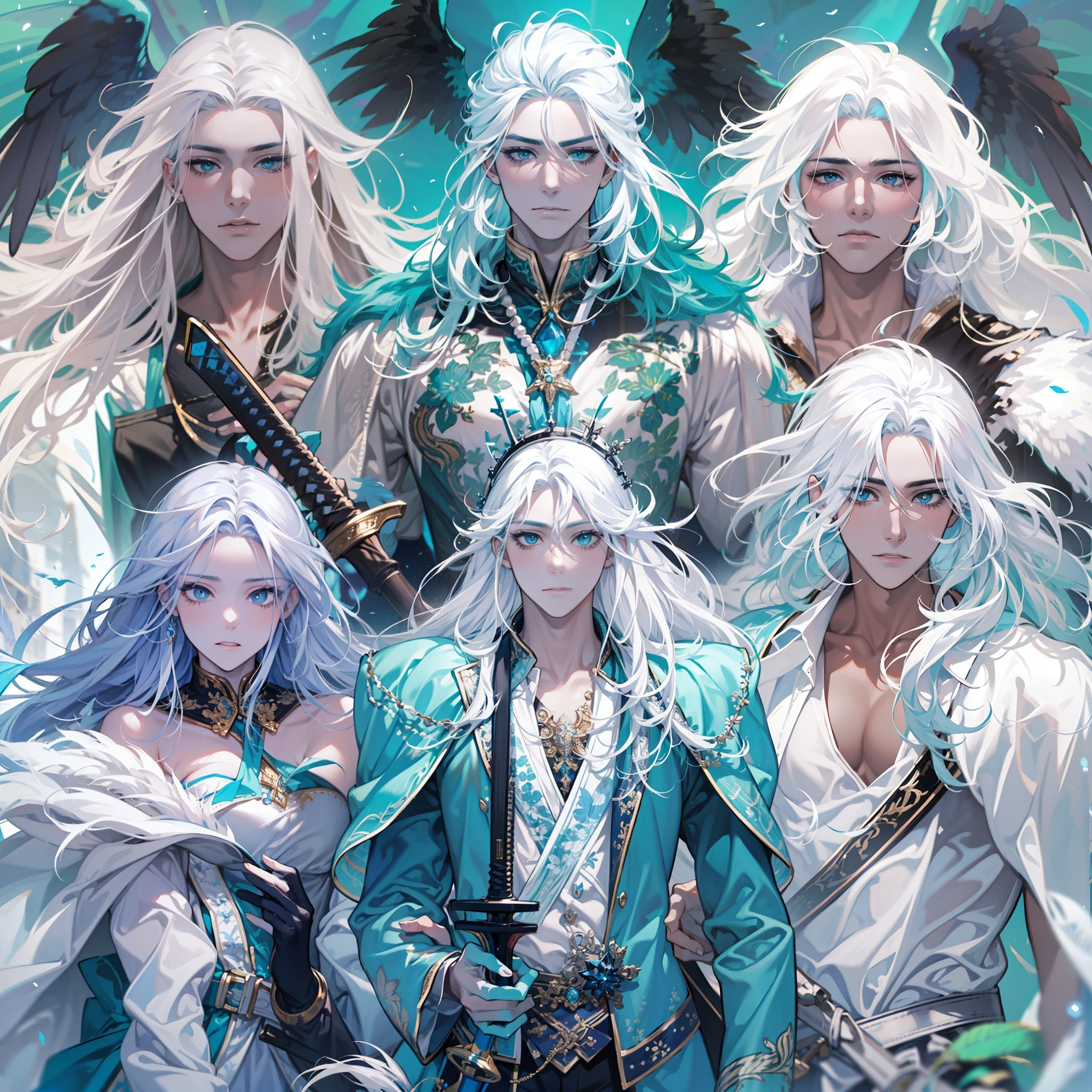 Blue pupils+Men with long white hair+Muscular males+strong+Single protagonist+angelicales+Armed with two swords+Whitening skin+holy+A masterpiece of the best quality+Feathers falling+Luxurious costumes in turquoise blue, white and black，Delicate face，Extremely gorgeous，Wings of an angel，White with turquoise background