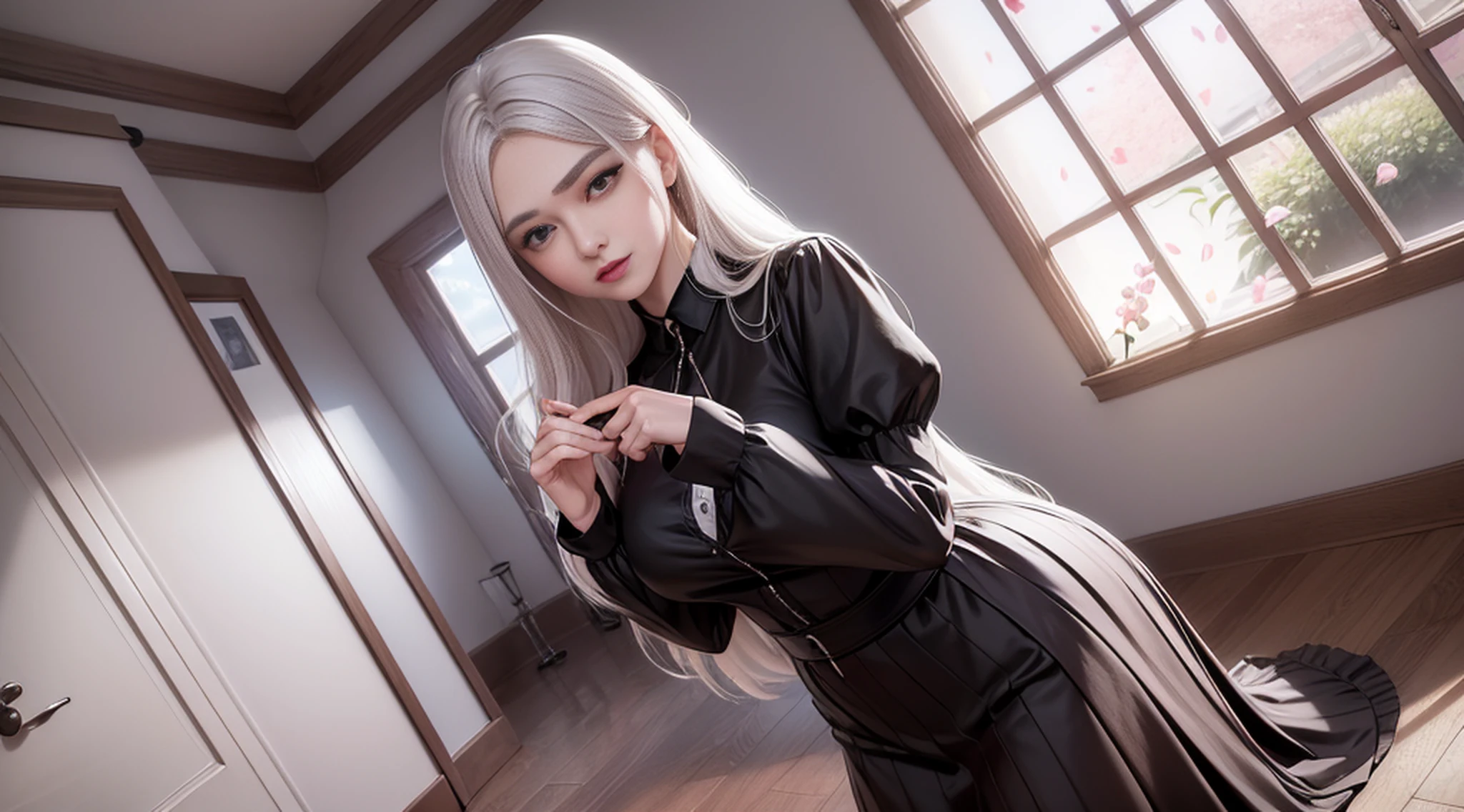 a female vampire (peitos pequenos, cabelos vermelho-sangue), obra-prima, melhor qualidade, (papel de parede CG unity 8k extremamente detalhado), (melhor qualidade), (best illustration), (melhor sombra), Absurdo, lifelike lighting, (abismo), lindo brilho detalhado, pose natural, de corpo inteiro, standingn, petals falling, interior, Fanning, lanterna, 16k, HDR, Alto, campo de profundidade, (grain of film: 1.1), livro, hora dourada, (Reflexo da lente), vinheta, rainbowart, (color classification: 1.5)@Vlademir Bernardes