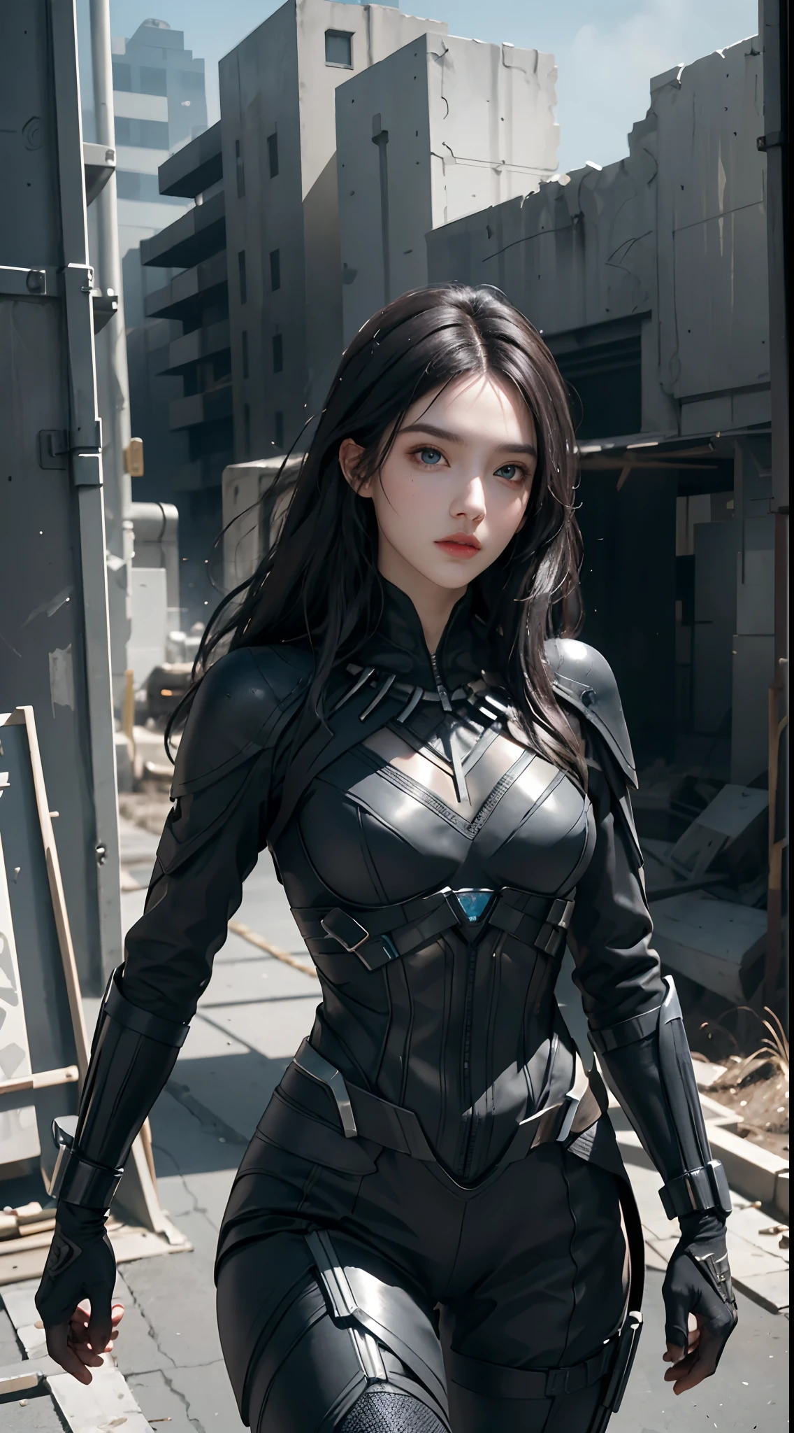 (1girl:1.3), solo, __body-parts__, official art, unified 8k wallpaper, super detailed, beautiful and aesthetic, beautiful, masterpiece, best quality, raw, masterpiece, super fine photo, best quality, super high resolution, photorealistic realism, sunlight, full-body portrait, amazing beauty, dynamic pose, delicate face, vibrant eyes, (from the front), she wears a futuristic Black Panther suit, blue black scheme, (holding a shield), A capital A on chest, very detailed abandoned warehouse background, detailed face, detailed complex busy background, messy, gorgeous, milky white, highly detailed skin, realistic skin details, visible pores, sharp focus, volumetric fog, 8k uhd, DSLR camera, high quality, film grain, fair skin, photo realism, lomography, huge metropolis in future dystopia, seen from below, translucent